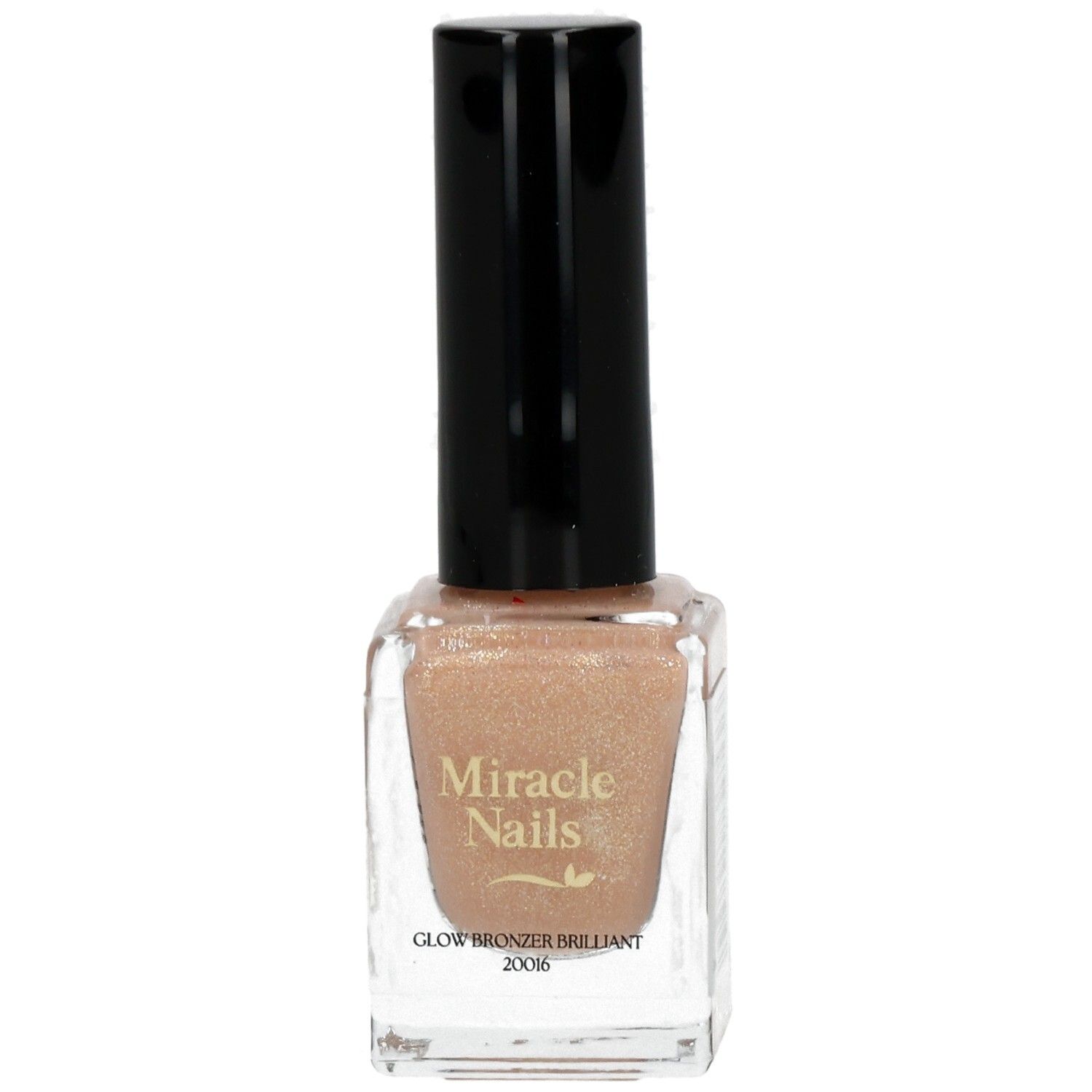 Nagellackflasche mit schwarzem Deckel. Aufschrift: Miracle Nails, Glow Bronzer Brilliant.