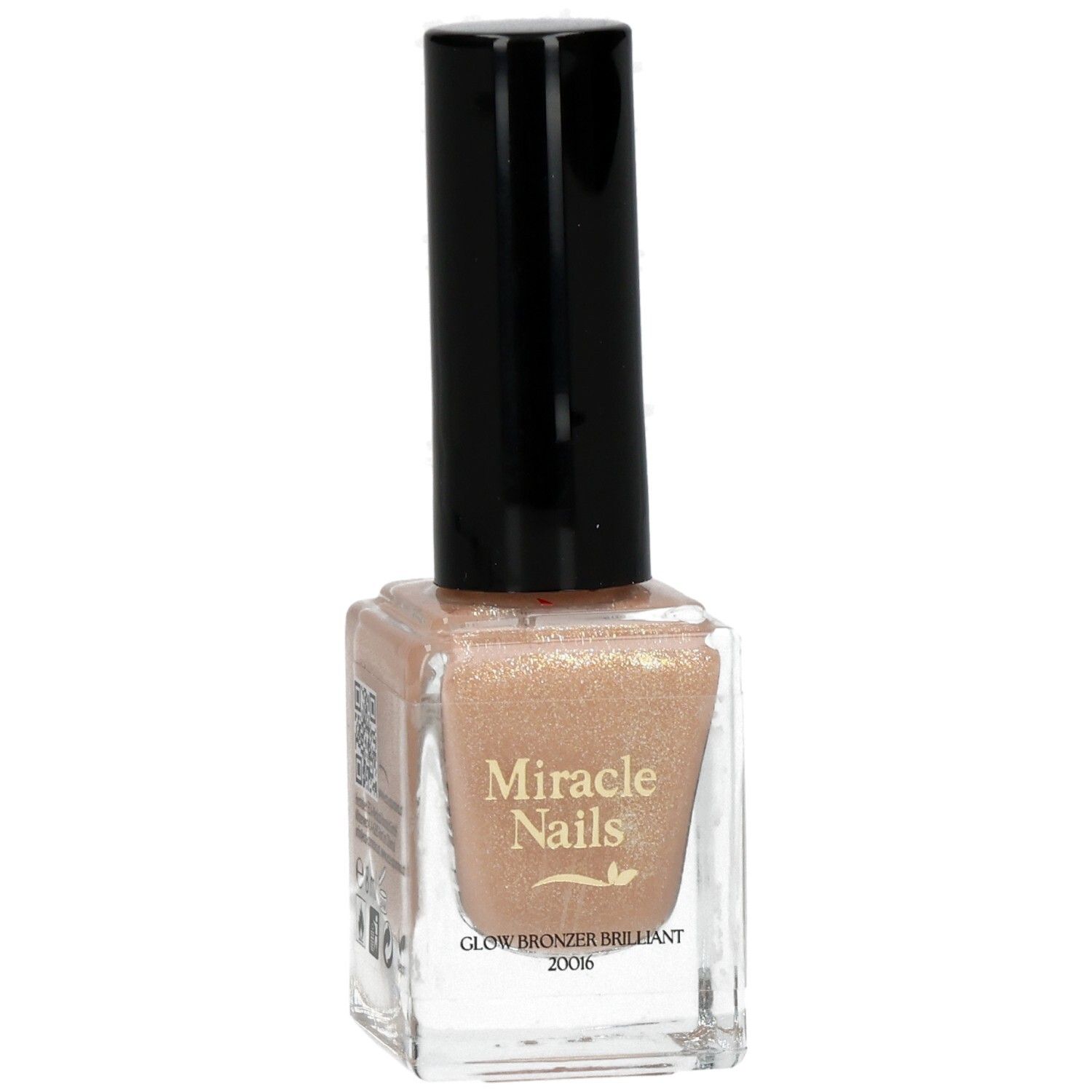 Nagellackflasche mit schwarzem Deckel. Aufschrift: Miracle Nails, Glow Bronzer Brilliant.