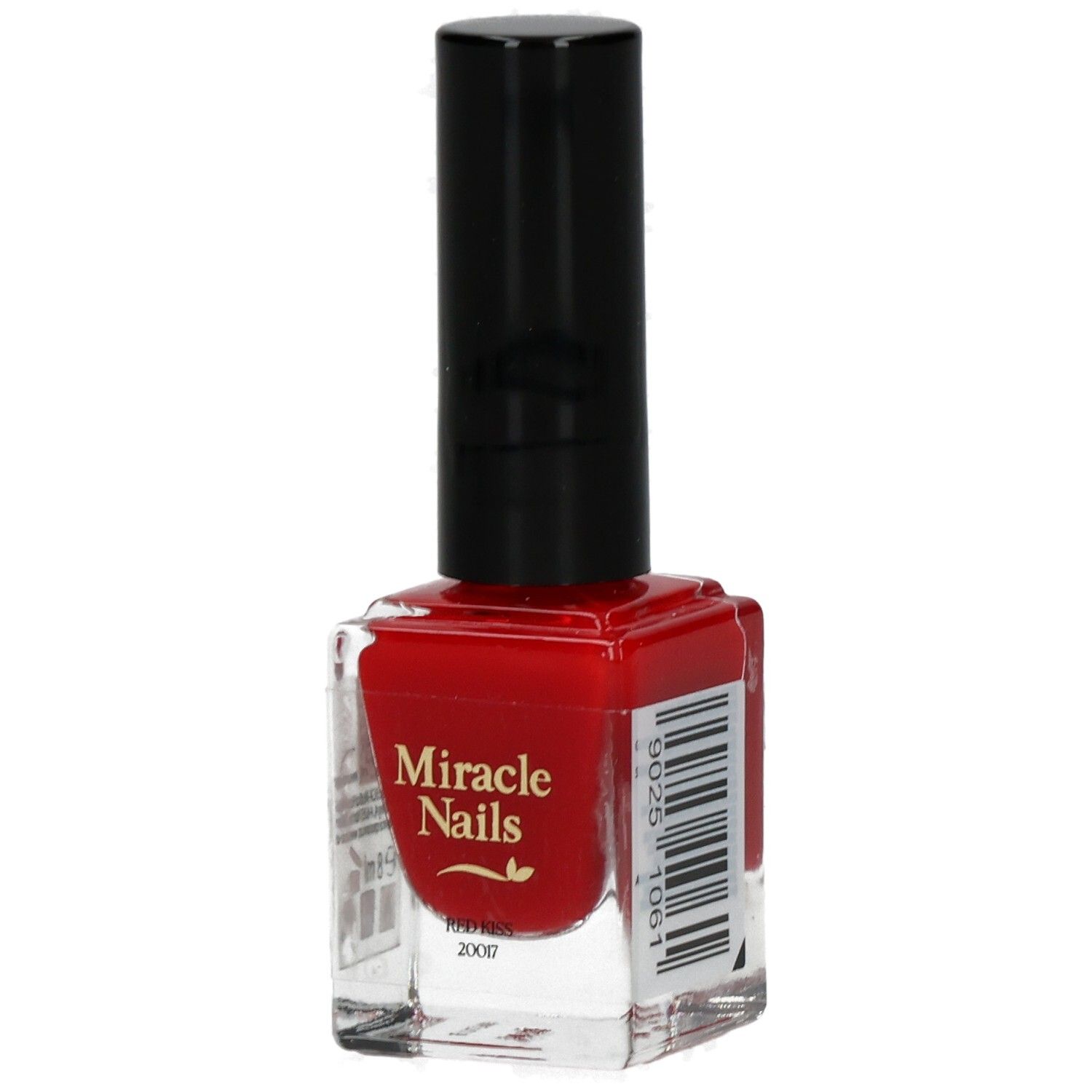 Roter Nagellackflakon mit schwarzem Deckel. Aufschrift: Miracle Nails. Barcode auf der Seite.