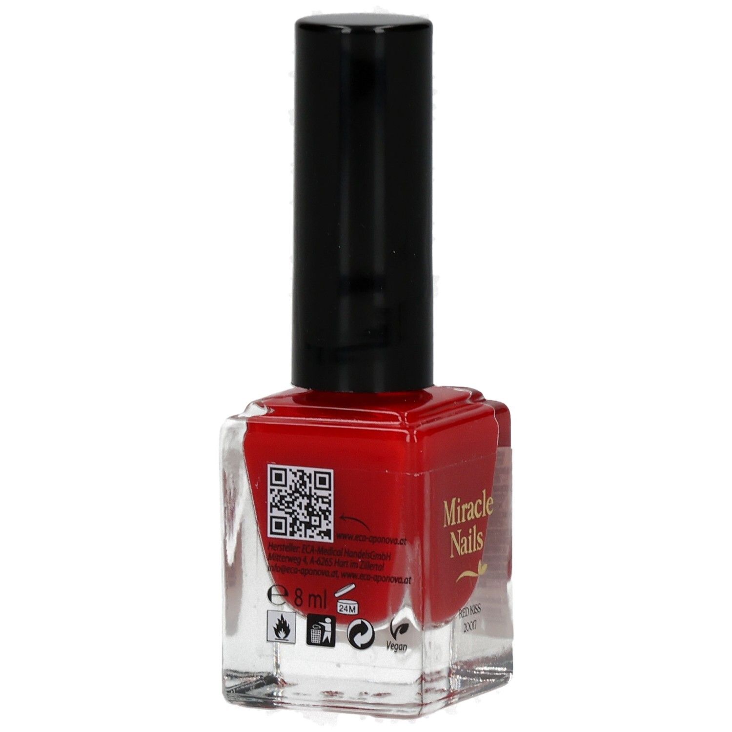 Roter Nagellackflakon mit schwarzem Deckel. Aufschrift: Miracle Nails. QR-Code und Symbole auf der Seite.