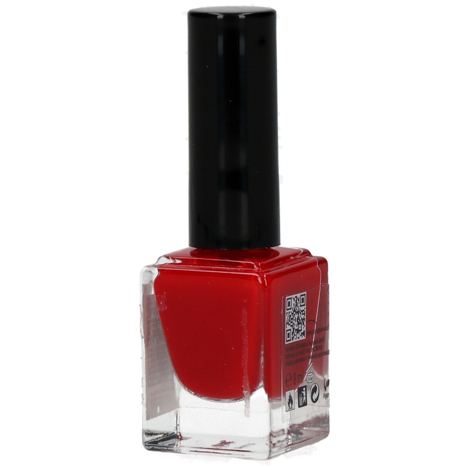 Roter Nagellackflakon mit schwarzem Deckel. Aufschrift: Miracle Nails. QR-Code und Symbole auf der Seite.