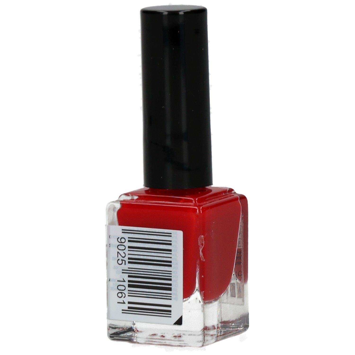 Roter Nagellackflakon mit schwarzem Deckel. Barcode auf der Seite.