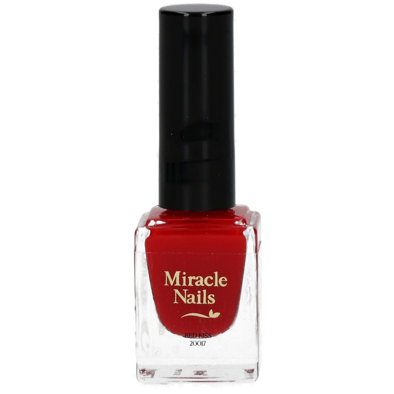 Roter Nagellackflakon mit schwarzem Deckel. Aufschrift: Miracle Nails, Red Kiss, 2007.