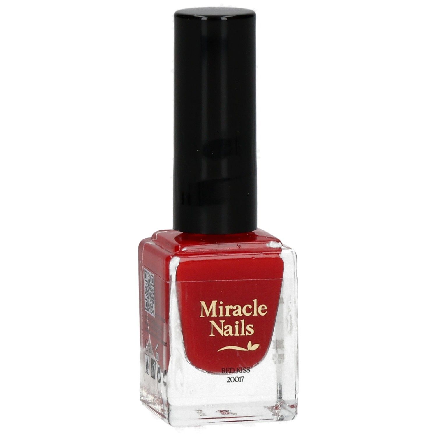 Roter Nagellackflakon mit schwarzem Deckel. Aufschrift: Miracle Nails, Red Kiss, 2007.