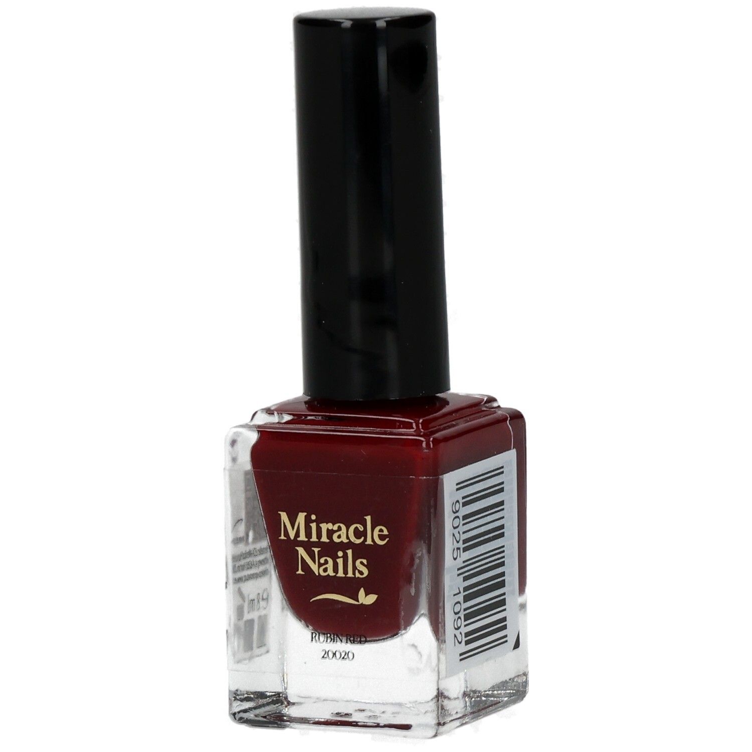 Nagellackflasche mit roter Flüssigkeit. Schwarzer Deckel. Aufschrift: Miracle Nails.