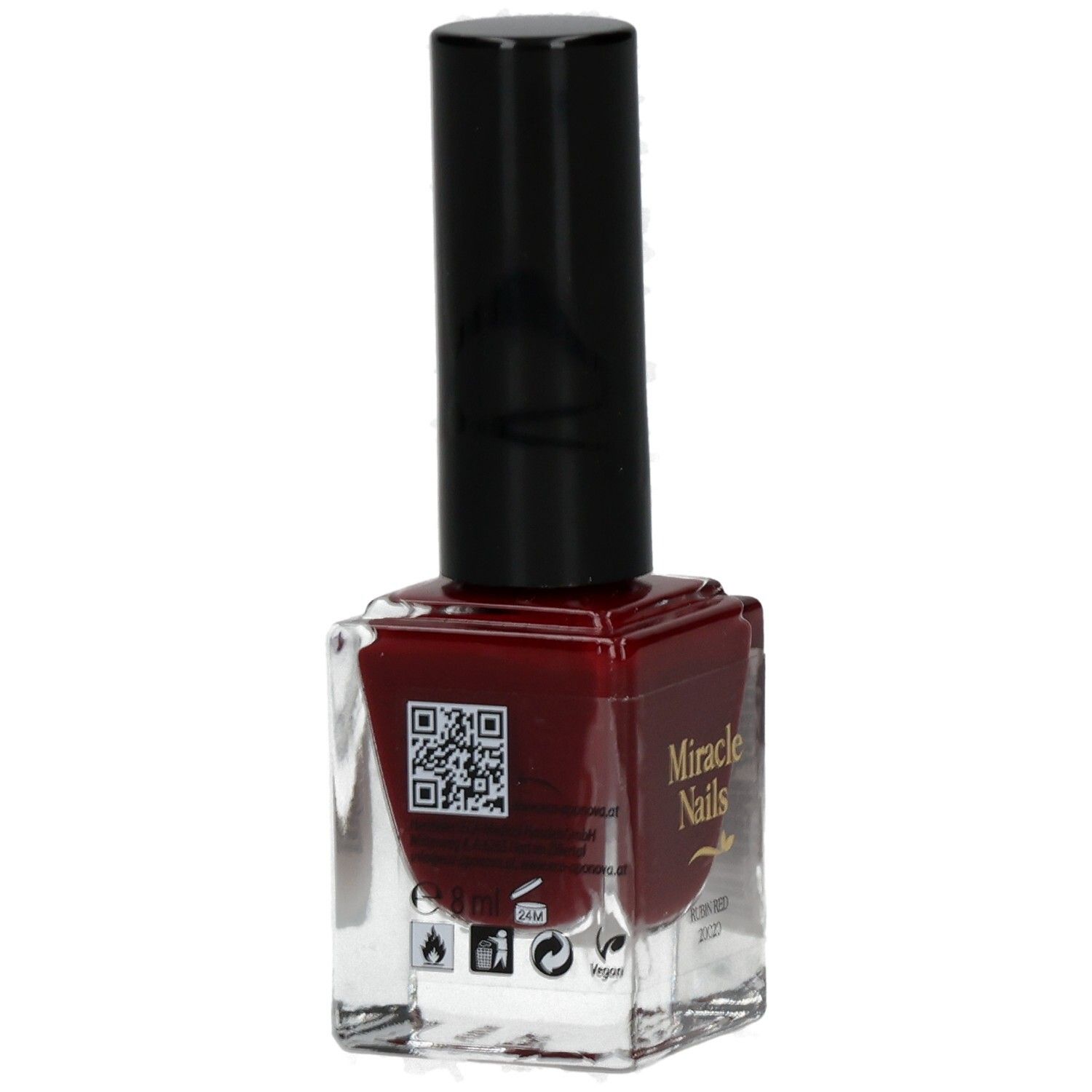 Nagellackflasche mit roter Flüssigkeit. Schwarzer Deckel. QR-Code und Aufschrift: Miracle Nails.