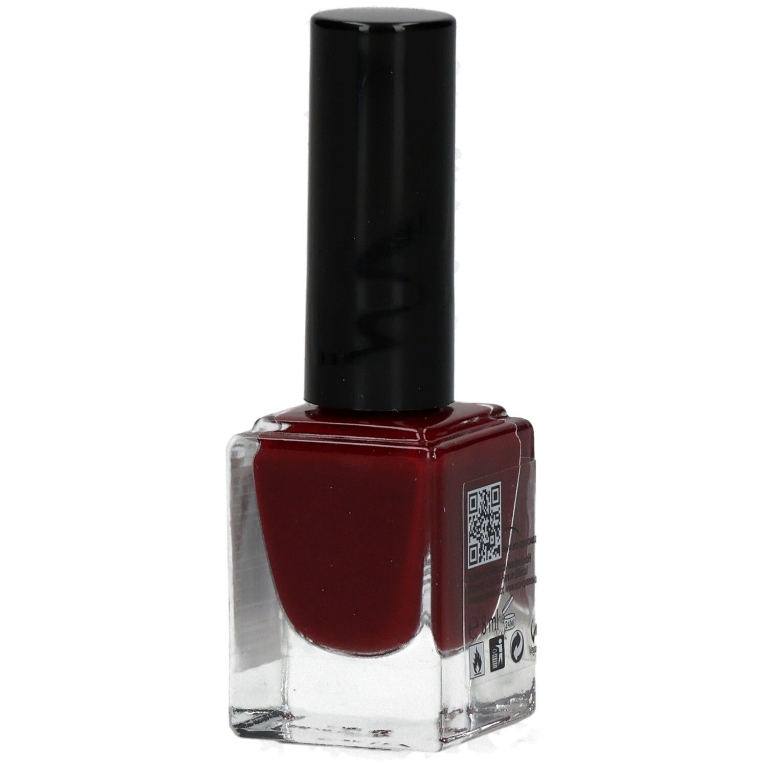 Nagellackflasche mit roter Flüssigkeit. Schwarzer Deckel. QR-Code und Aufschrift: Miracle Nails.