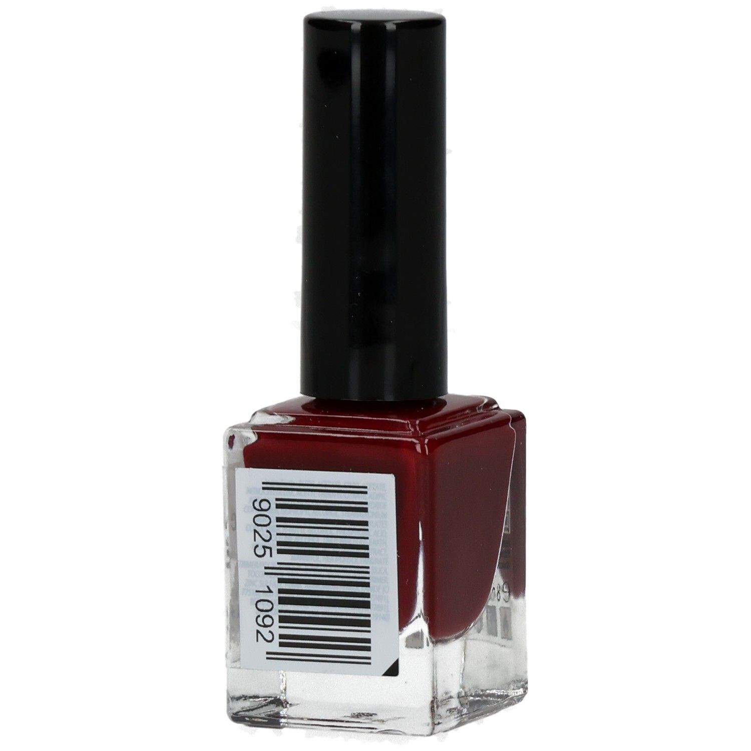 Nagellackflasche mit roter Flüssigkeit. Schwarzer Deckel. Barcode.