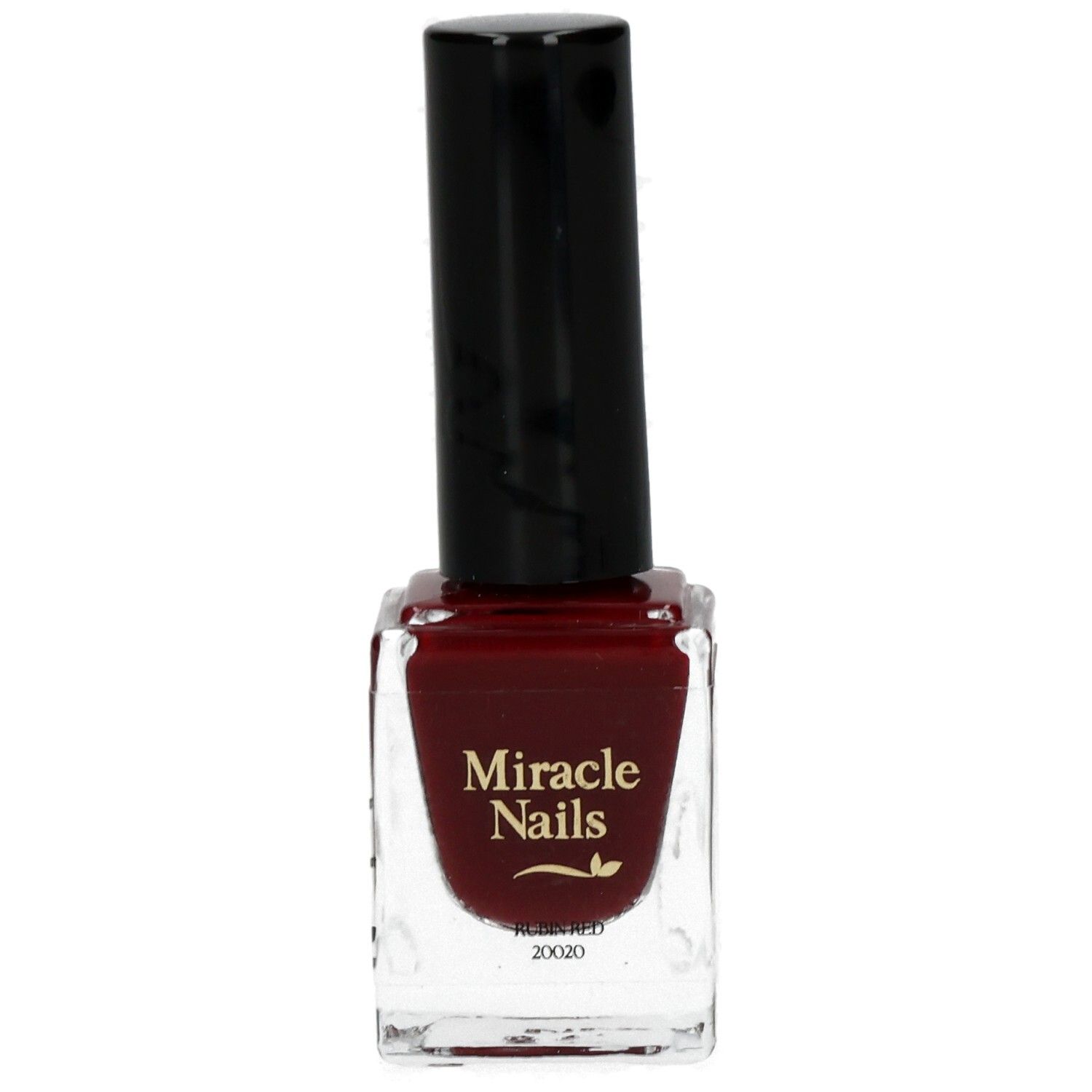 Nagellackflasche mit roter Flüssigkeit. Schwarzer Deckel. Aufschrift: Miracle Nails, Rubin Red.