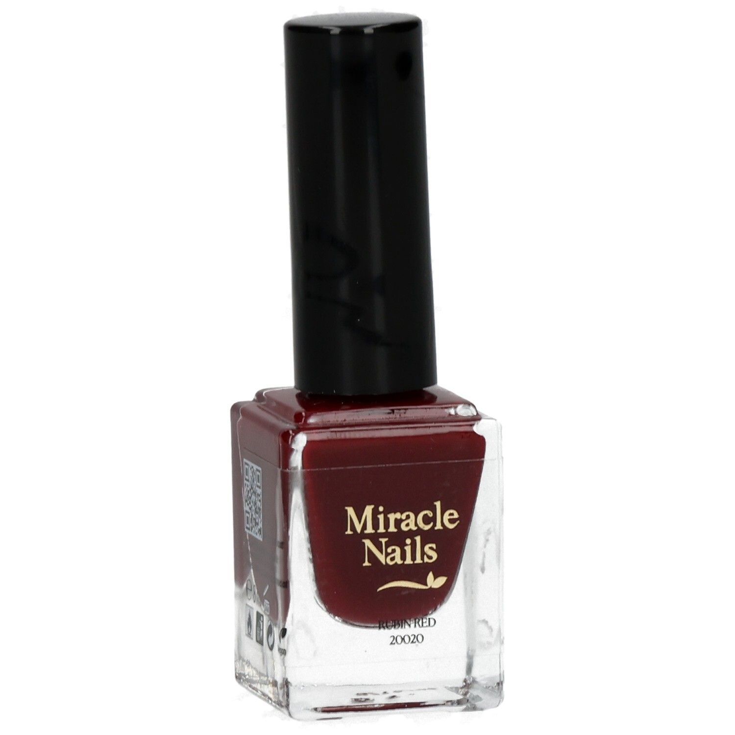 Nagellackflasche mit roter Flüssigkeit. Schwarzer Deckel. Aufschrift: Miracle Nails, Rubin Red.