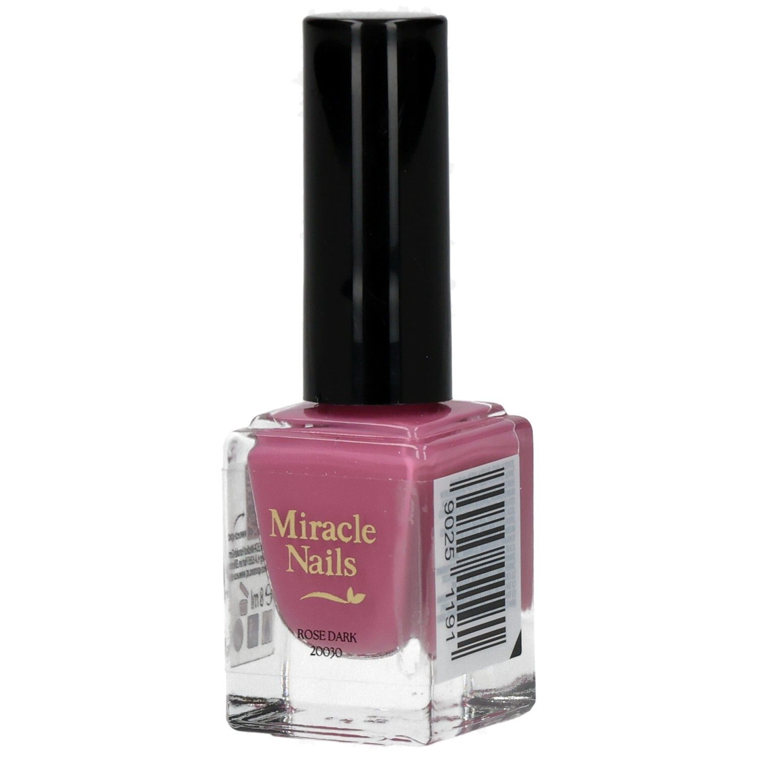 Nagellackflasche mit rosa Inhalt und schwarzem Deckel. Aufschrift: Miracle Nails, Rose Dark.