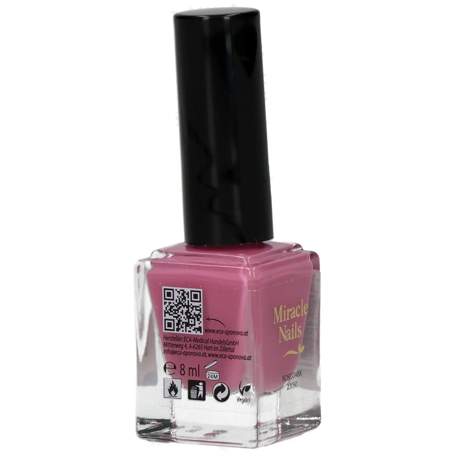 Nagellackflasche, rosa Inhalt, schwarzer Deckel. Auf der Rückseite QR-Code und Informationen.
