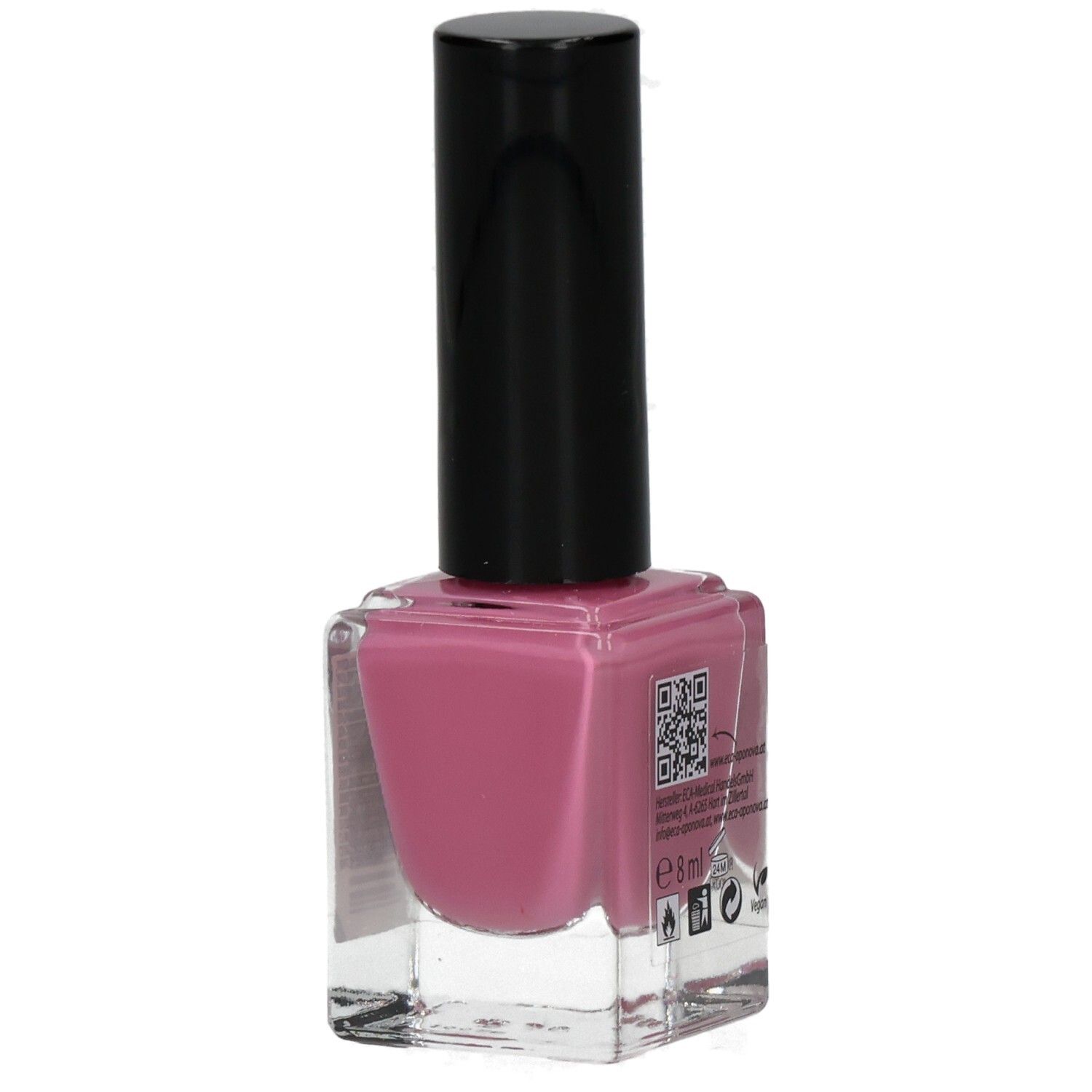 Nagellackflasche, rosa Inhalt, schwarzer Deckel. Auf der Rückseite QR-Code und Informationen.
