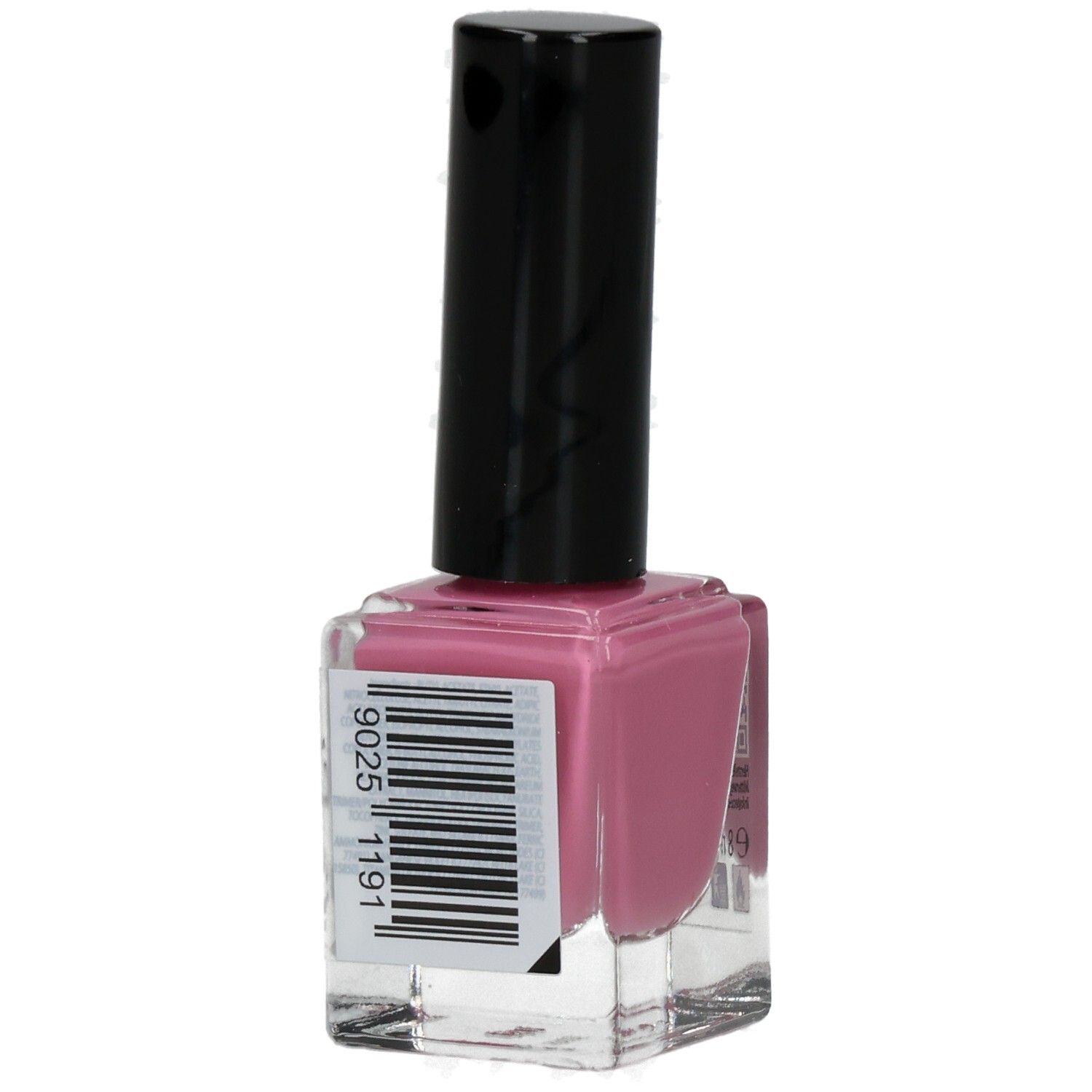 Nagellackflasche, rosa Inhalt, schwarzer Deckel. Barcode auf der Seite.
