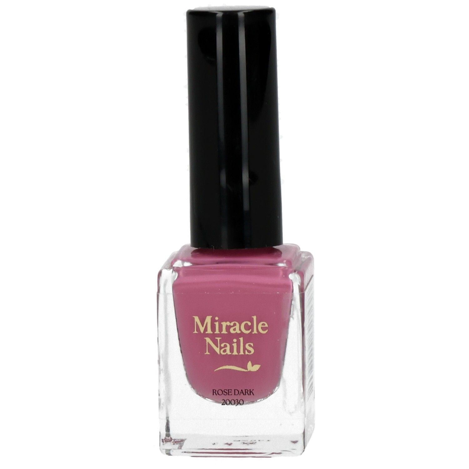 Nagellackflasche mit rosa Inhalt und schwarzem Deckel. Aufschrift: Miracle Nails, Rose Dark.
