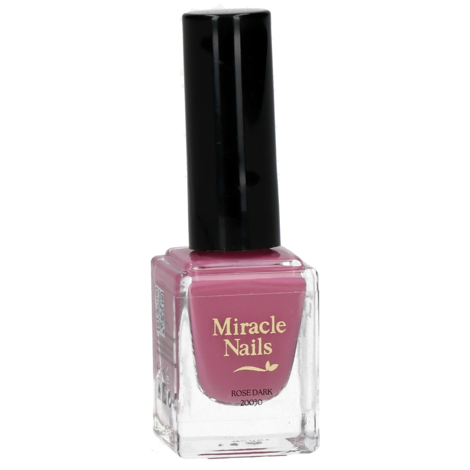 Nagellackflasche mit rosa Inhalt und schwarzem Deckel. Aufschrift: Miracle Nails, Rose Dark.