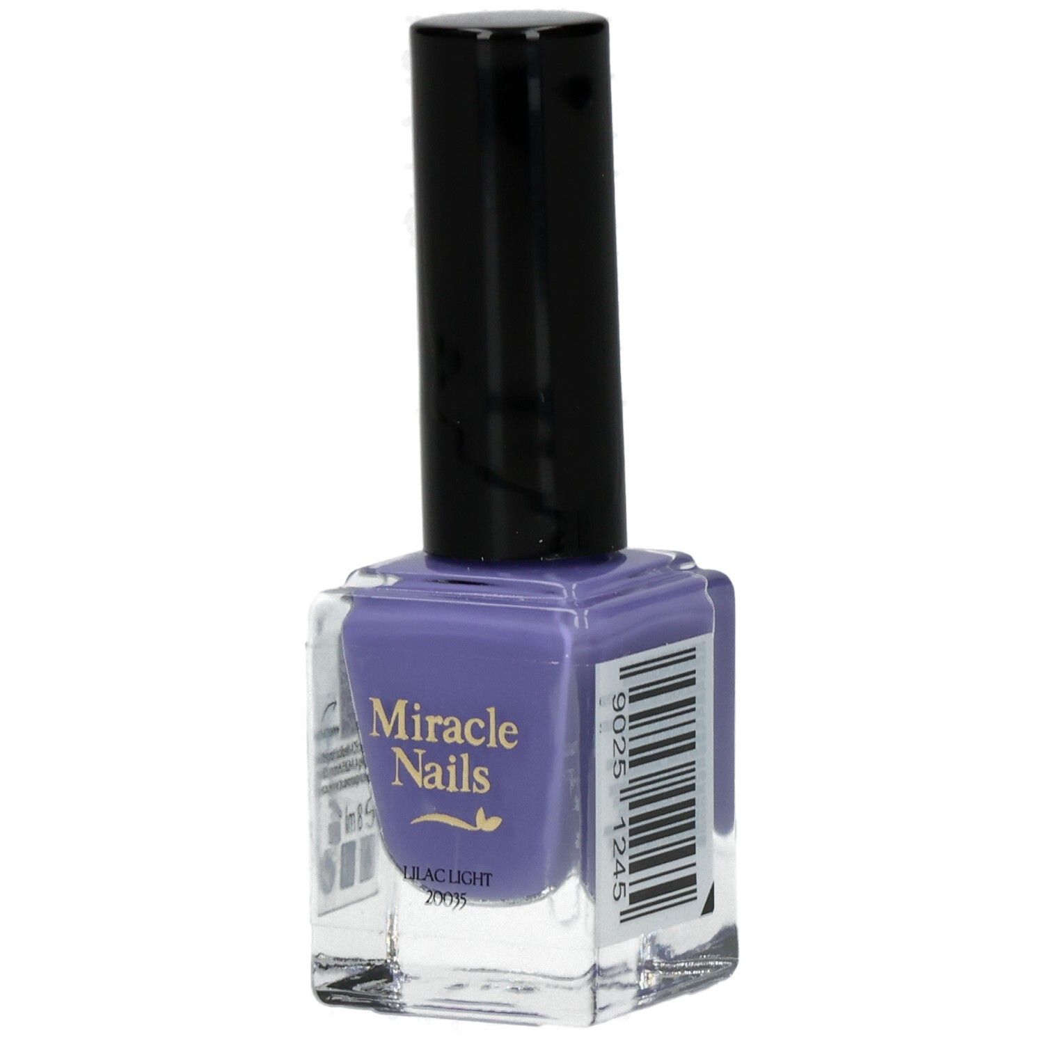 Nagellackflasche mit lila Inhalt. Schwarzer Deckel. Barcode und Produktname auf der Vorderseite.