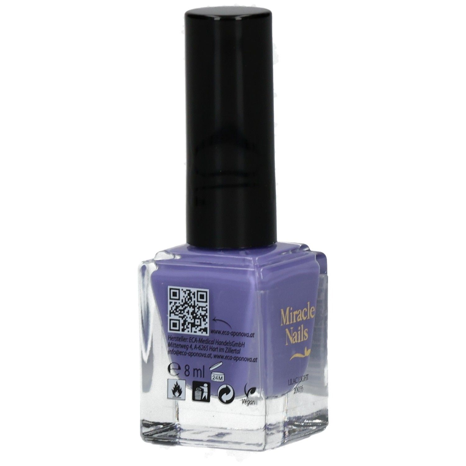 Nagellackflasche mit lila Inhalt. Schwarzer Deckel. QR-Code und Produktinformationen.
