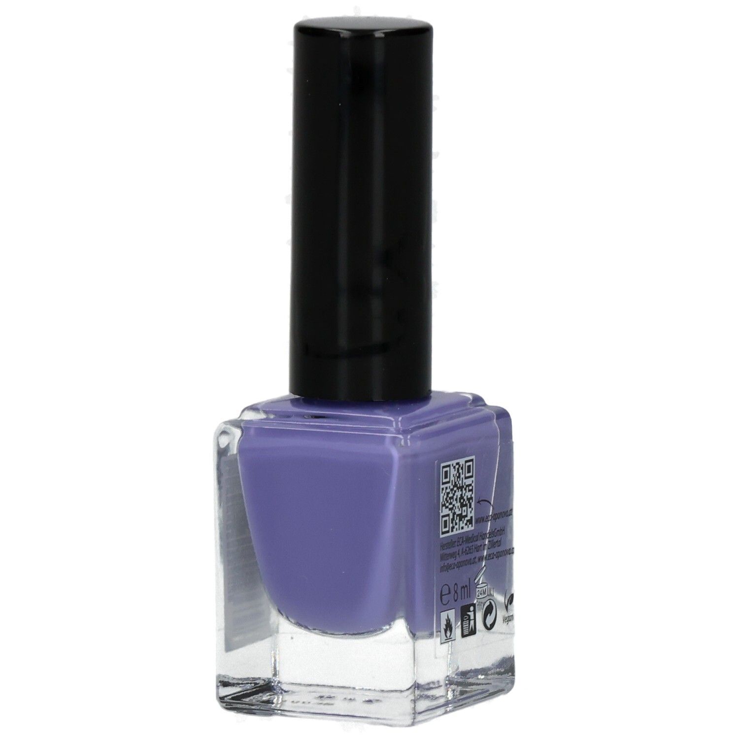 Nagellackflasche mit lila Inhalt. Schwarzer Deckel. QR-Code und Produktinformationen.