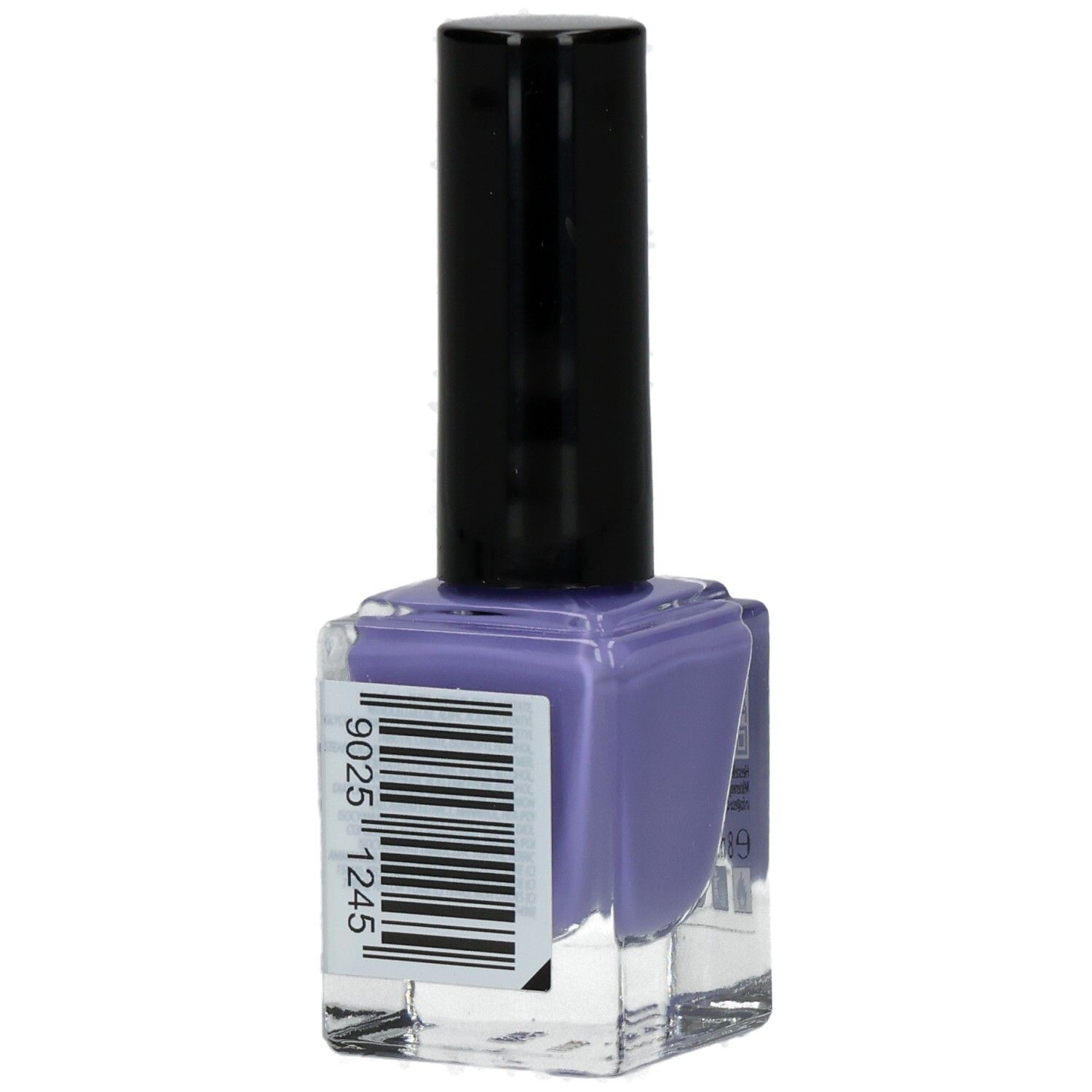 Nagellackflasche mit lila Inhalt. Schwarzer Deckel. Barcode und Produktinformationen.