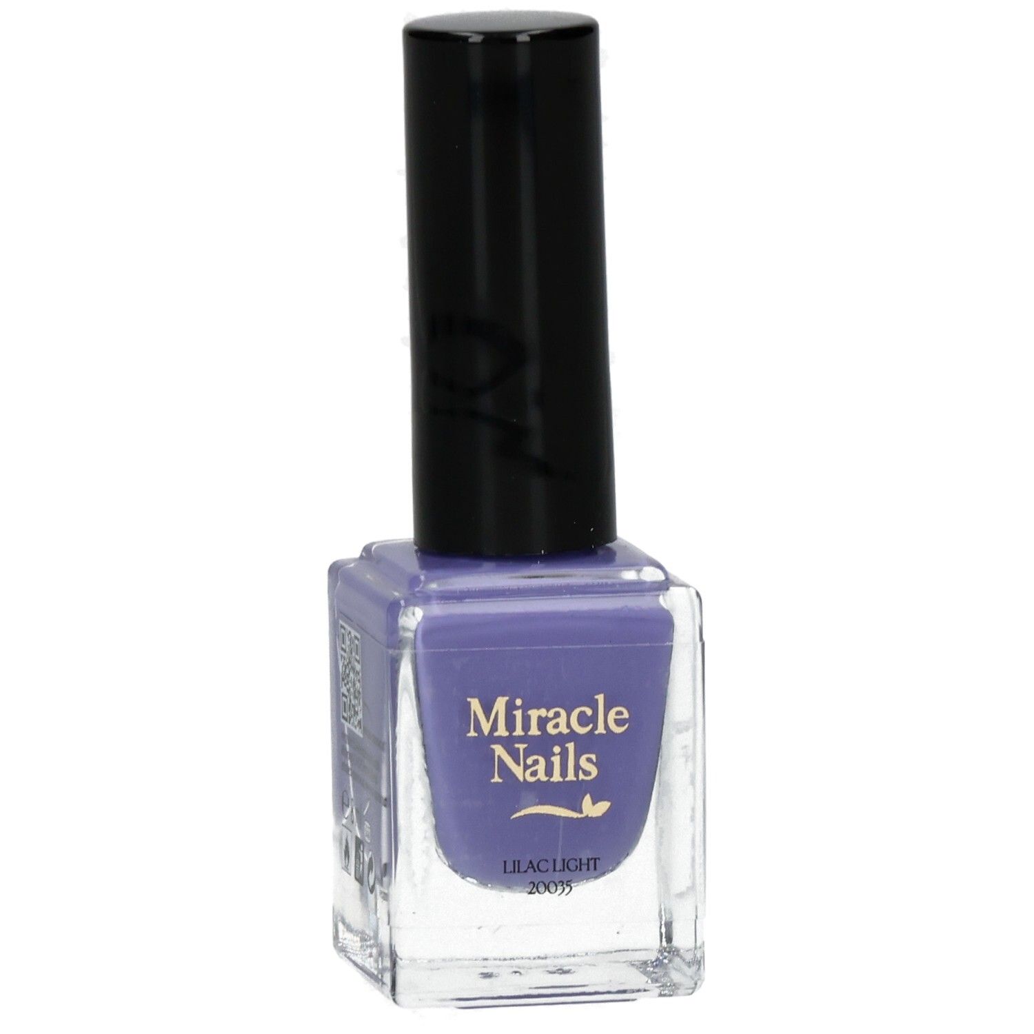 Nagellackflasche mit lila Inhalt. Schwarzer Deckel. Produktname und Farbtonbezeichnung.