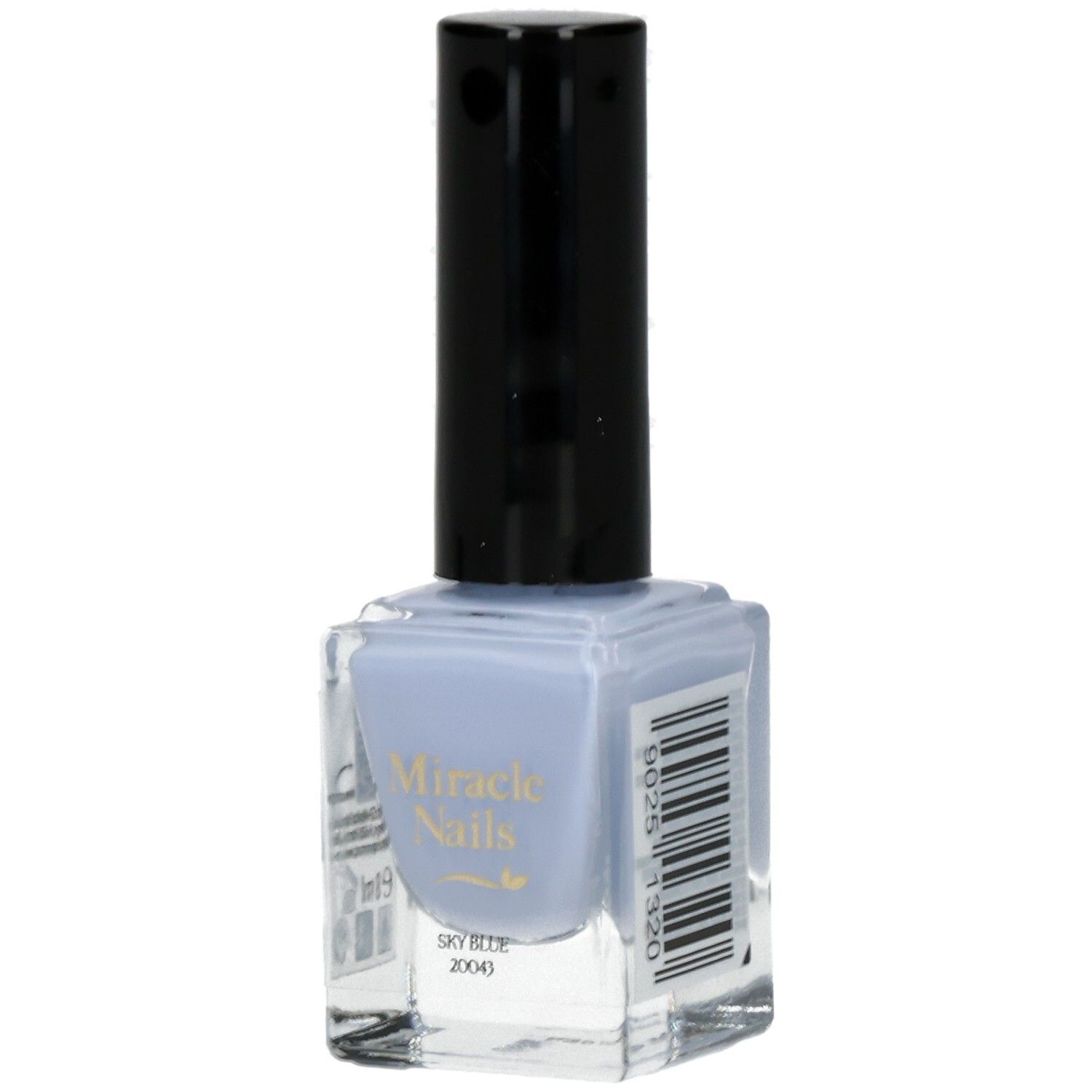 Hellblauer Nagellack in quadratischer Glasflasche mit schwarzem Deckel. Aufschrift: Miracle Nails, Sky Blue.