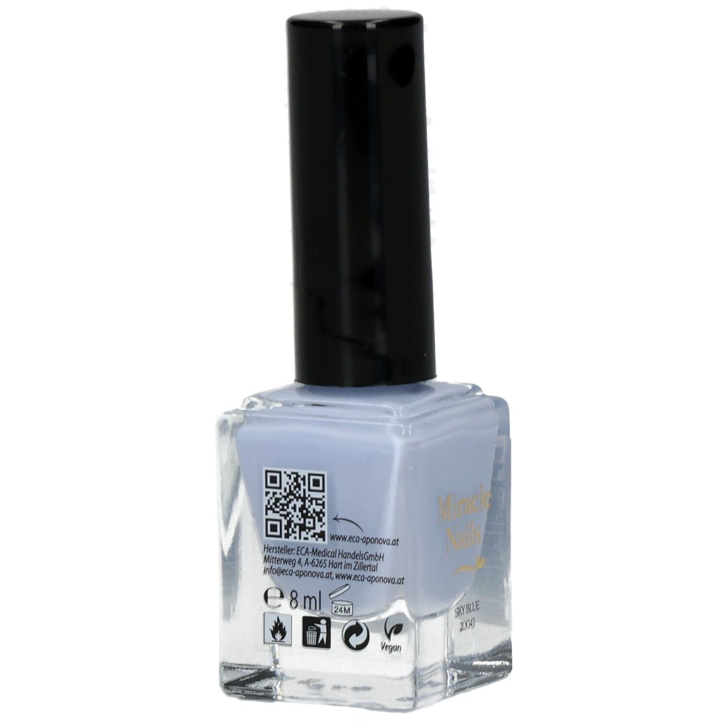 Hellblauer Nagellack in quadratischer Glasflasche mit schwarzem Deckel. Aufschrift: Miracle Nails, Sky Blue. QR-Code und Informationen.
