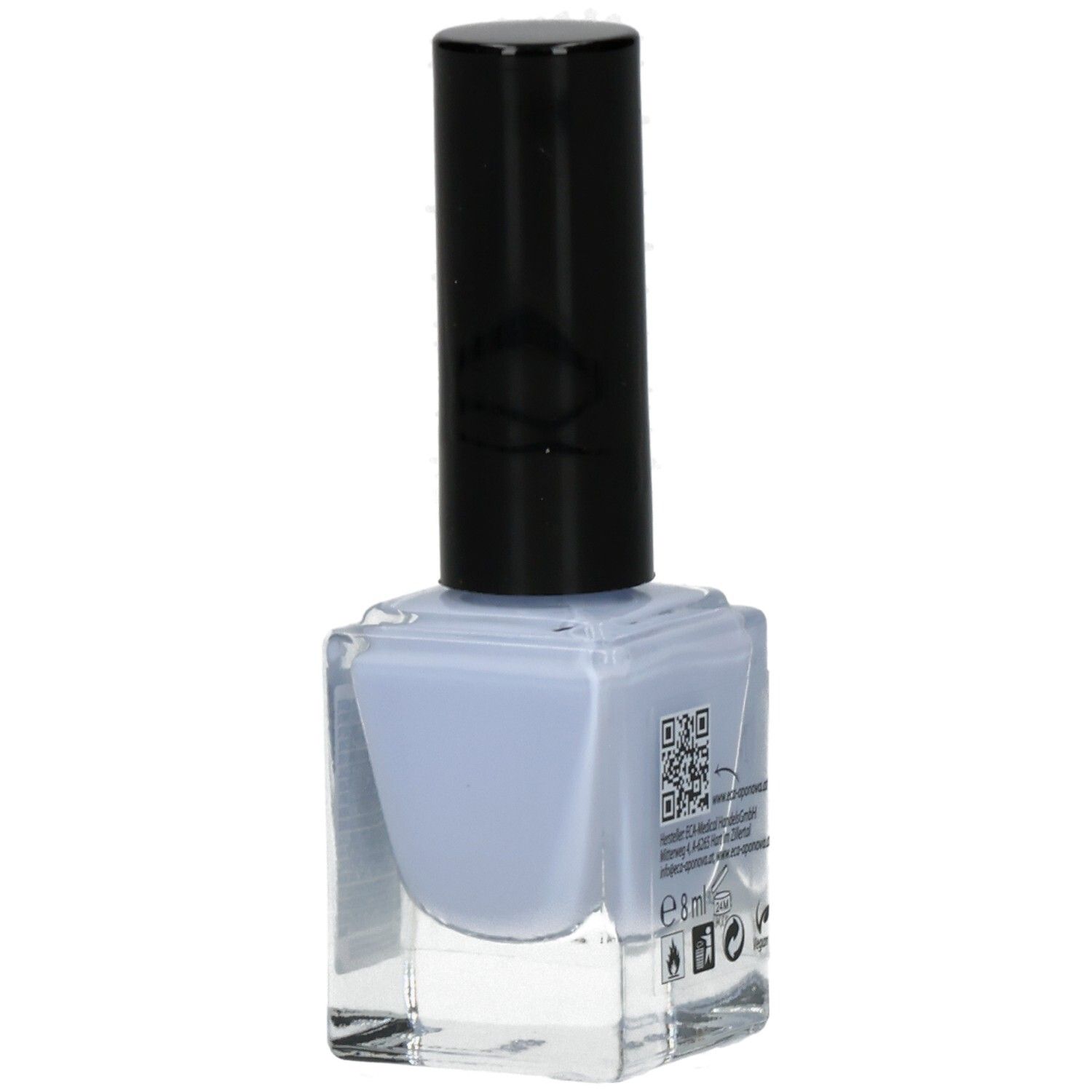 Hellblauer Nagellack in quadratischer Glasflasche mit schwarzem Deckel. Aufschrift: Miracle Nails, Sky Blue. QR-Code.
