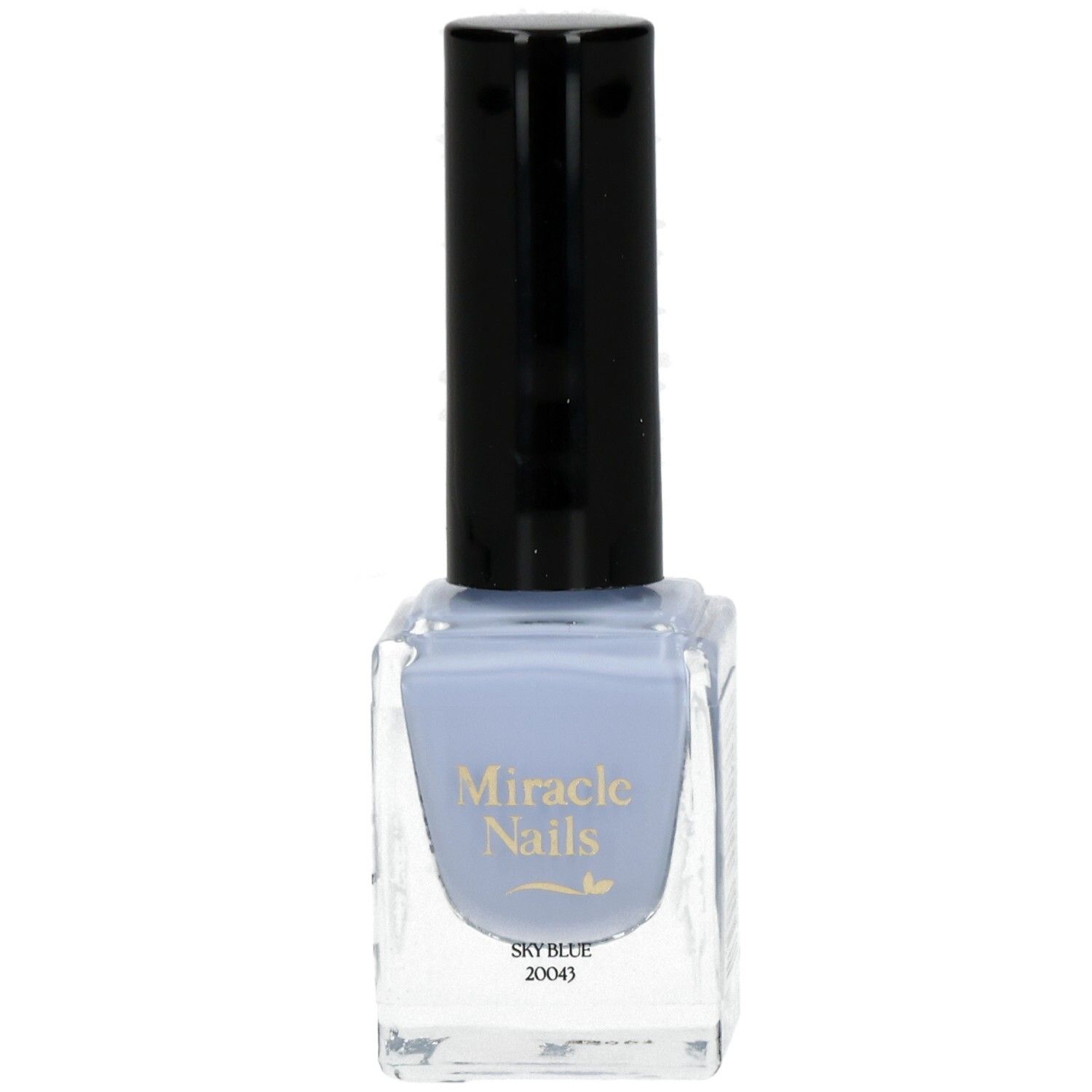 Hellblauer Nagellack in quadratischer Glasflasche mit schwarzem Deckel. Aufschrift: Miracle Nails, Sky Blue 20043.