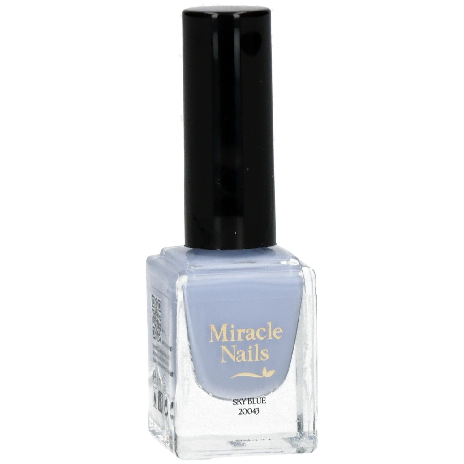Hellblauer Nagellack in quadratischer Glasflasche mit schwarzem Deckel. Aufschrift: Miracle Nails, Sky Blue 20043.