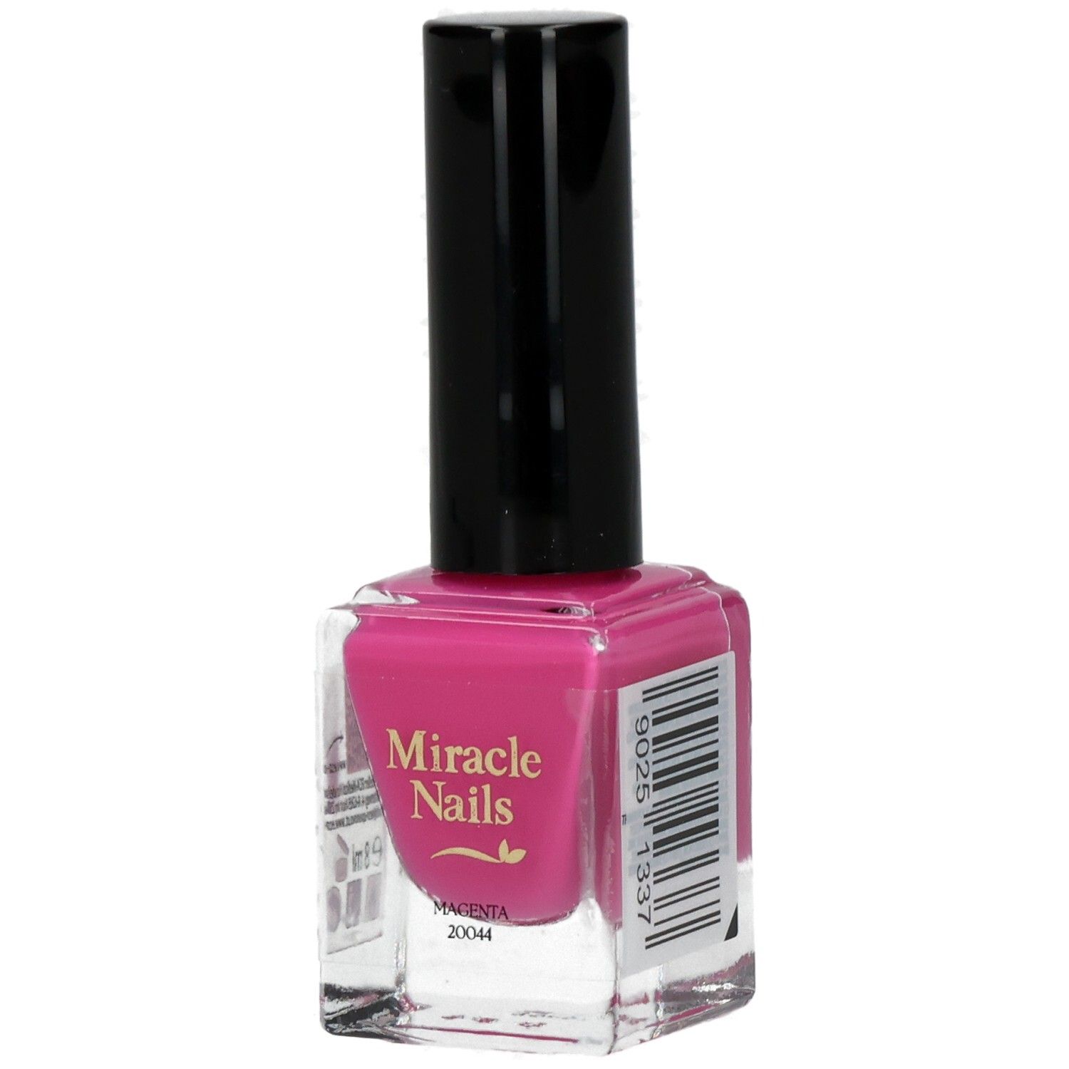 Nagellackflasche mit schwarzem Deckel. Rosa Nagellack mit Aufschrift "Miracle Nails" und "Magenta".