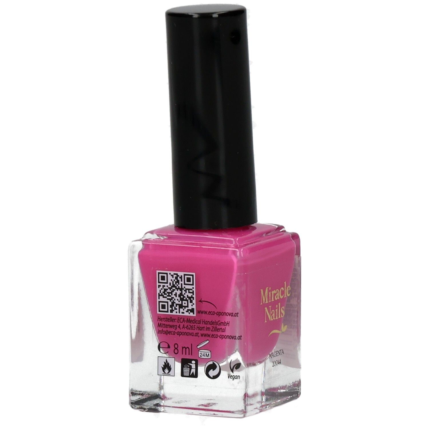 Nagellackflasche mit schwarzem Deckel. Rosa Nagellack. QR-Code und Informationen auf der Rückseite.