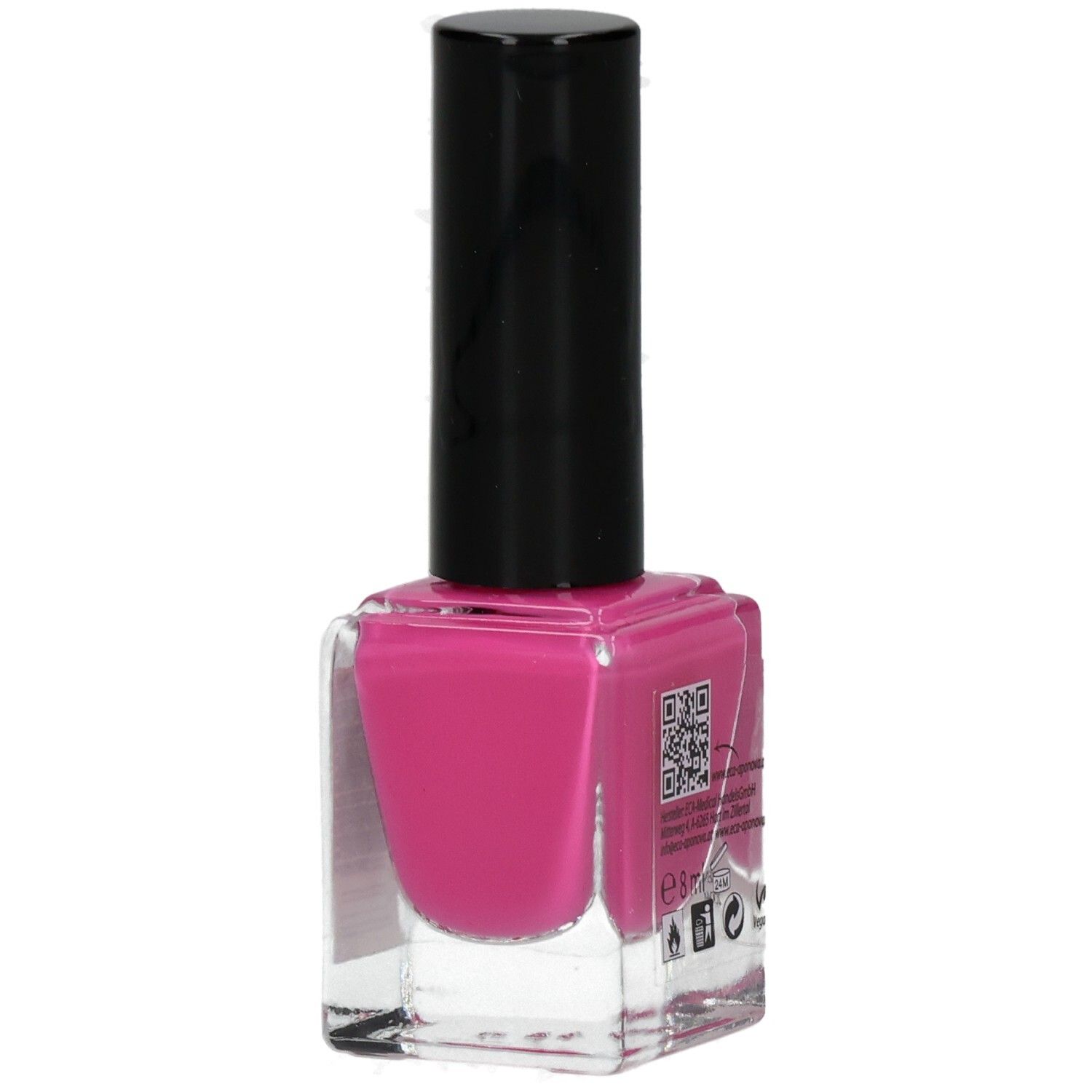 Nagellackflasche mit schwarzem Deckel. Rosa Nagellack. QR-Code und Informationen auf der Rückseite.