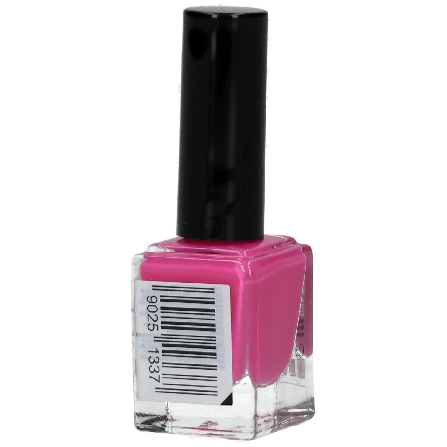 Nagellackflasche mit schwarzem Deckel. Rosa Nagellack. Barcode und Informationen auf der Rückseite.