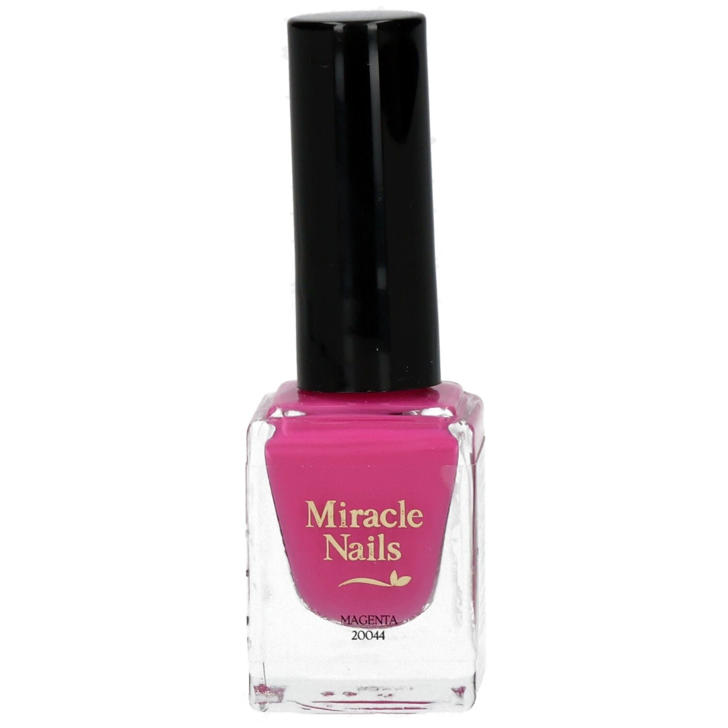 Nagellackflasche mit schwarzem Deckel. Rosa Nagellack mit Aufschrift "Miracle Nails" und "Magenta".