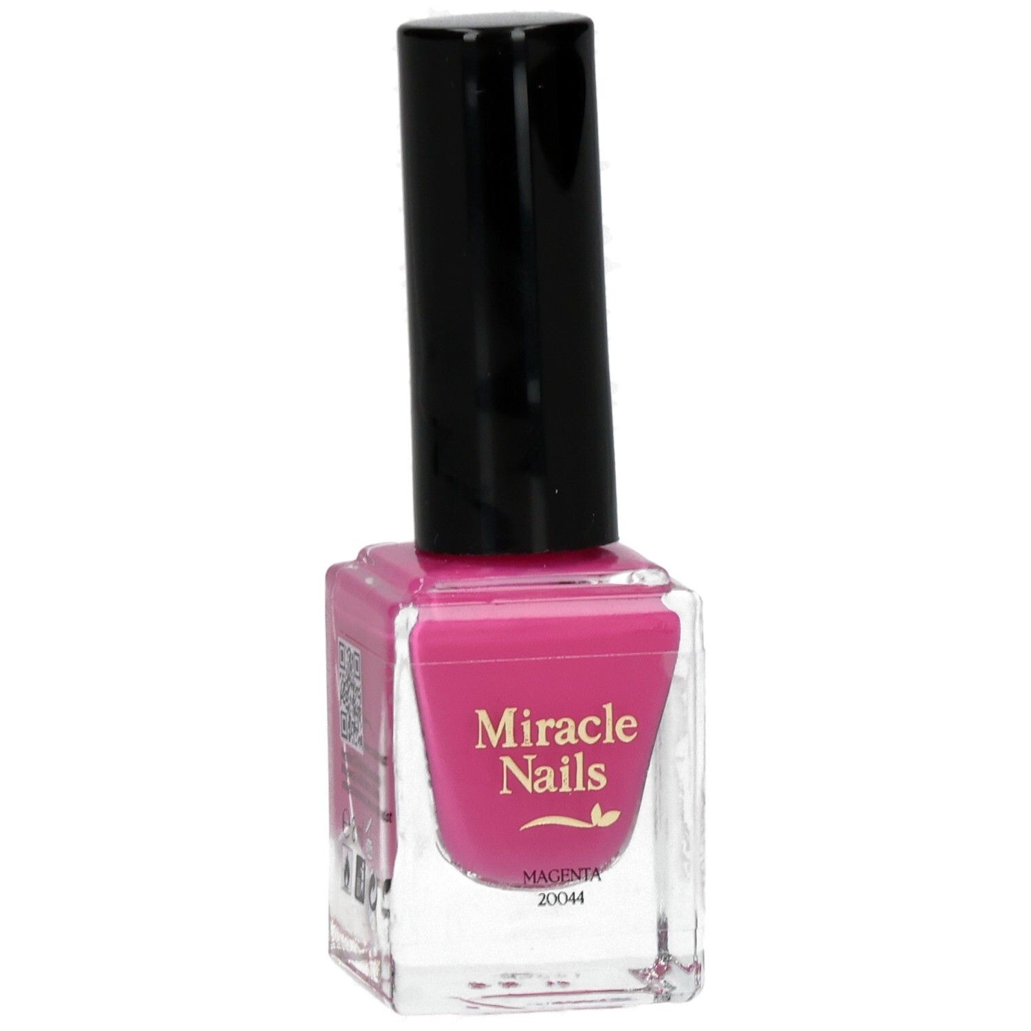 Nagellackflasche mit schwarzem Deckel. Rosa Nagellack mit Aufschrift "Miracle Nails" und "Magenta".