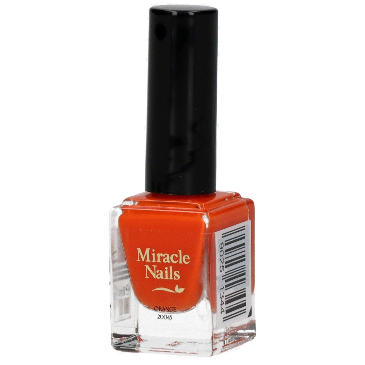 Nagellackflasche, orangefarbenes Produkt mit schwarzem Deckel. Aufschrift: Miracle Nails, Orange.