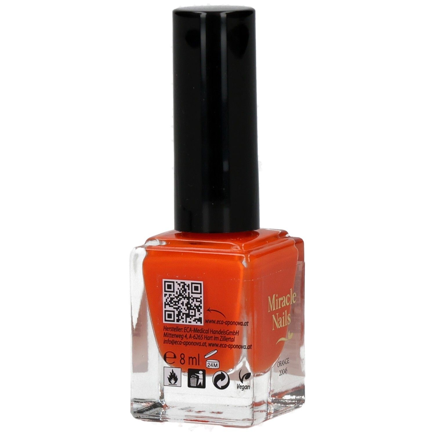 Nagellackflasche, orangefarbenes Produkt mit schwarzem Deckel. Auf der Rückseite QR-Code und Text.
