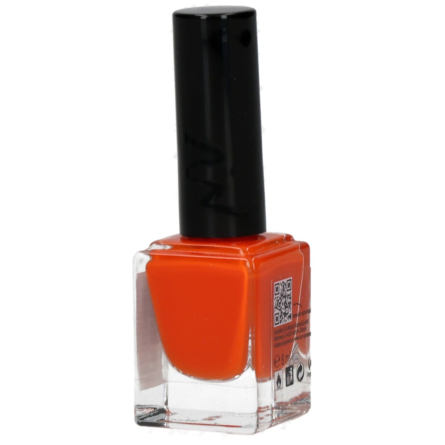 Nagellackflasche, orangefarbenes Produkt mit schwarzem Deckel. QR-Code auf der Seite.