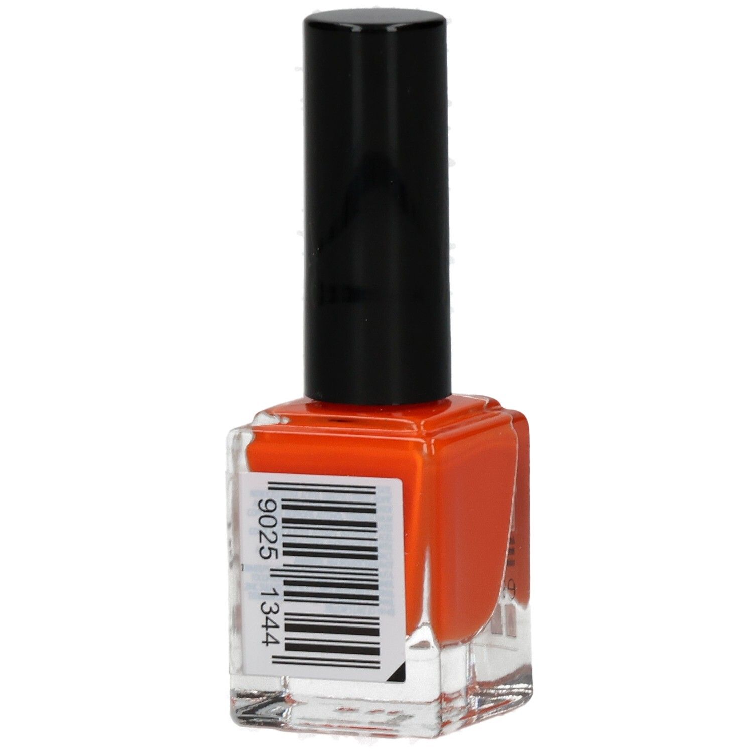 Nagellackflasche, orangefarbenes Produkt mit schwarzem Deckel. Barcode auf der Seite.