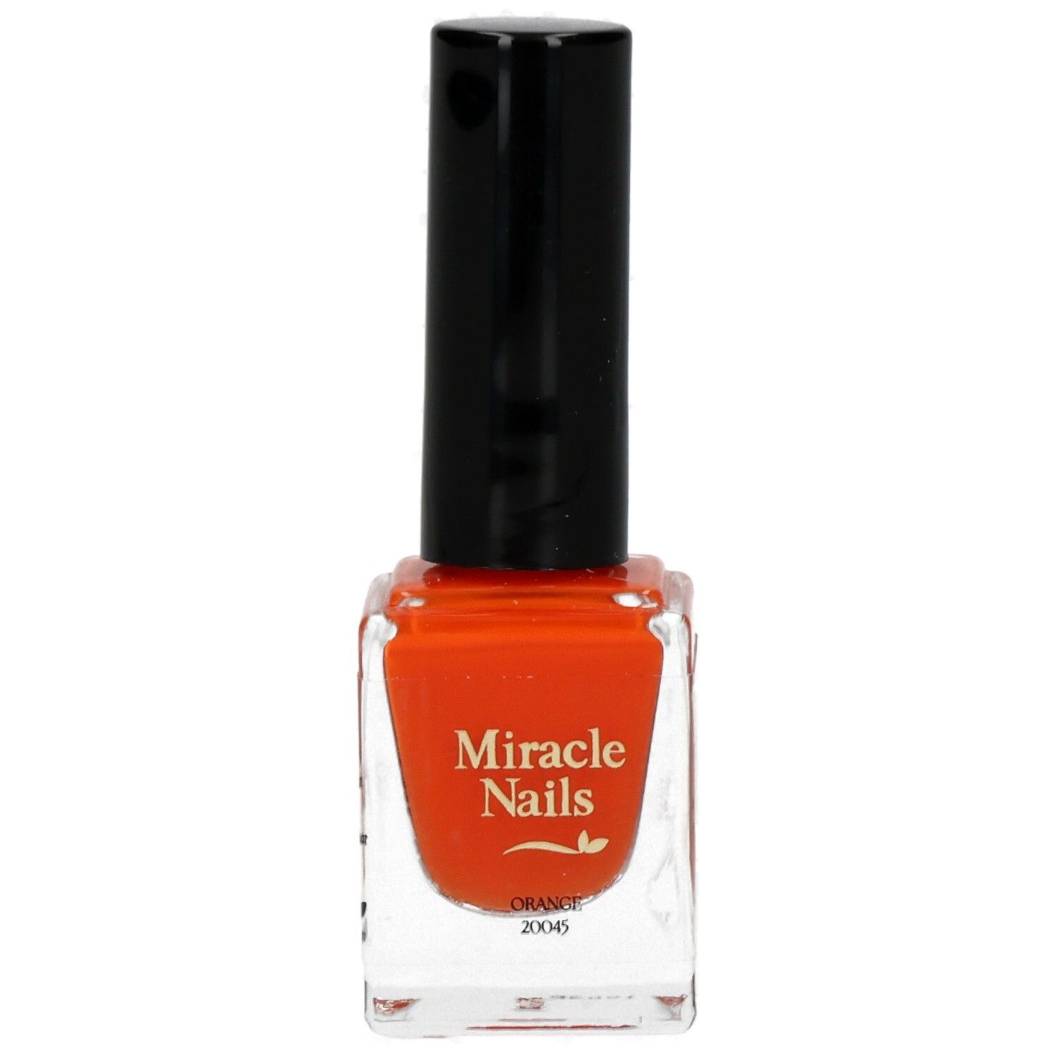 Nagellackflasche, orangefarbenes Produkt mit schwarzem Deckel. Aufschrift: Miracle Nails, Orange.