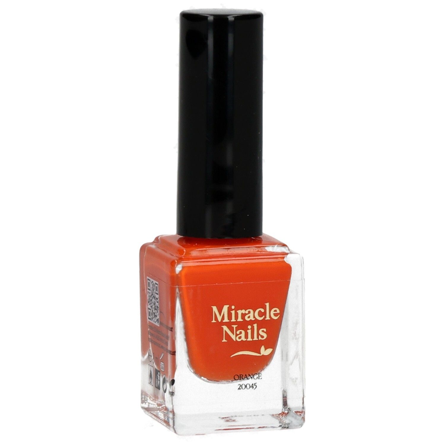 Nagellackflasche, orangefarbenes Produkt mit schwarzem Deckel. Aufschrift: Miracle Nails, Orange.
