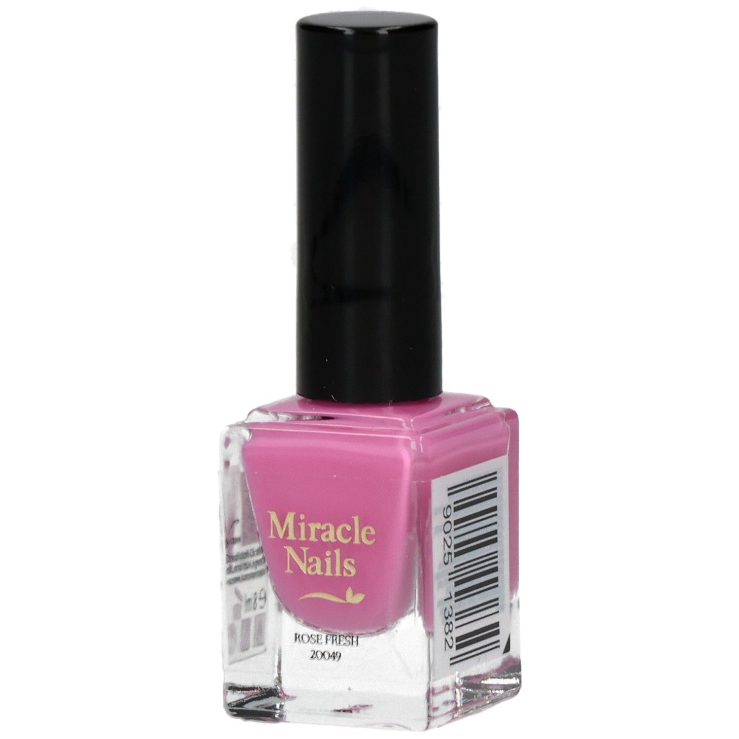 Nagellackflasche mit rosa Inhalt und schwarzem Deckel. Aufschrift: Miracle Nails, Rose Fresh.
