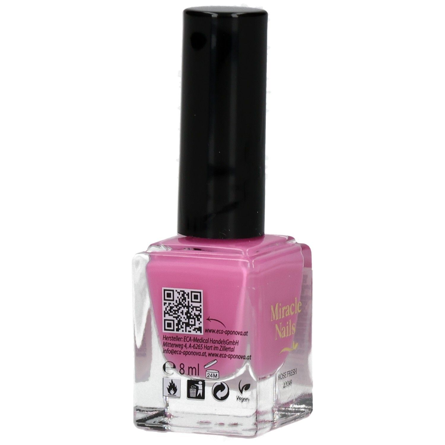 Nagellackflasche mit rosa Inhalt und schwarzem Deckel. Aufschrift: Miracle Nails. QR-Code und Informationen.