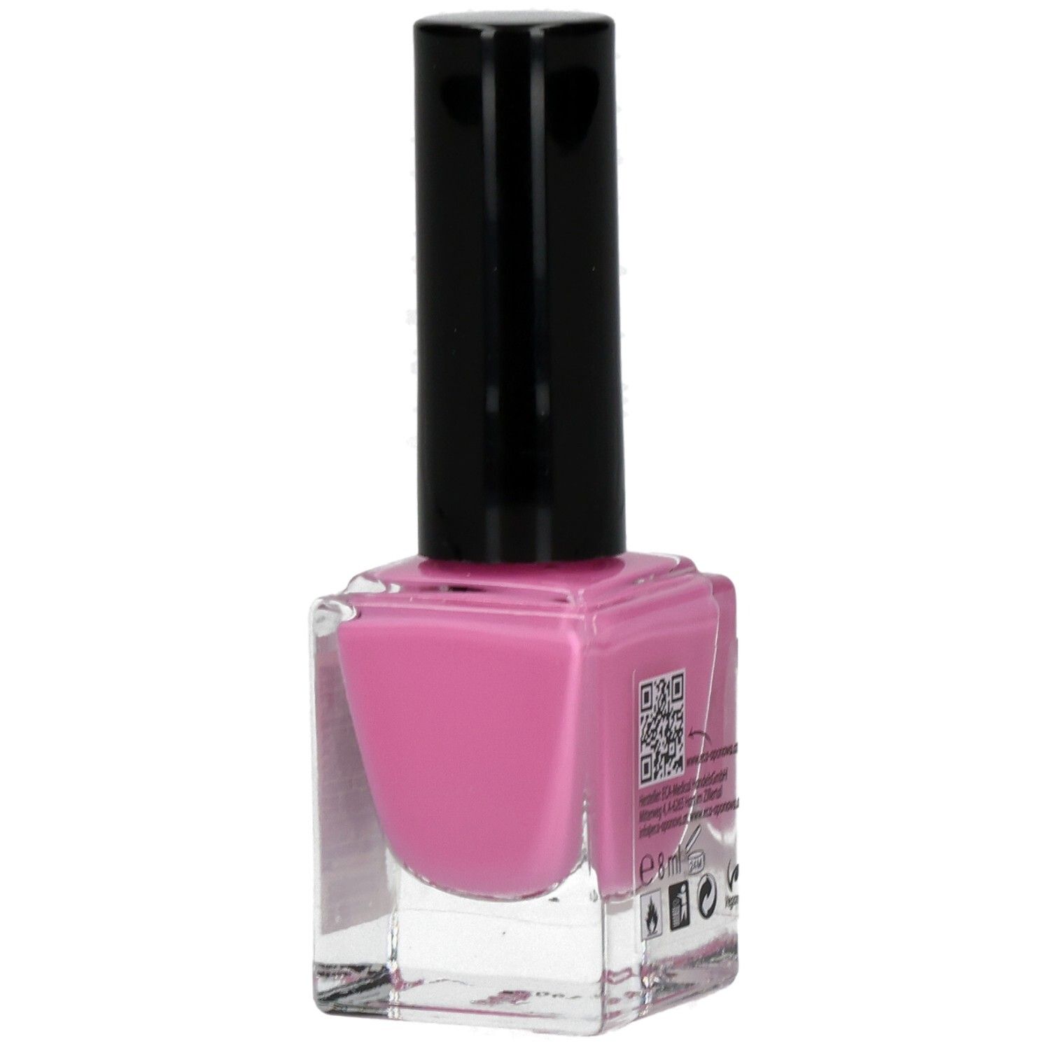 Nagellackflasche mit rosa Inhalt und schwarzem Deckel. Aufschrift: Miracle Nails. QR-Code und Informationen.