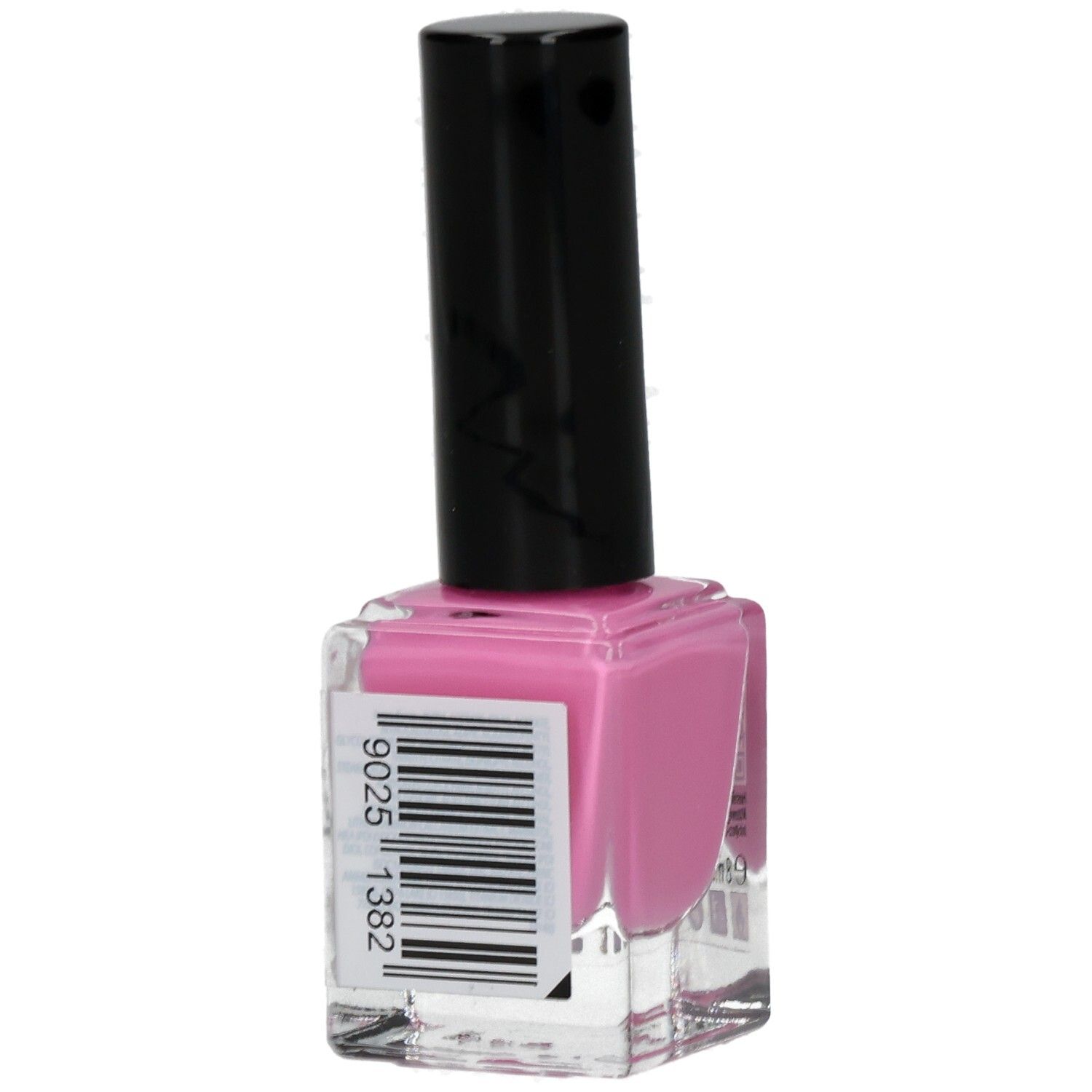Nagellackflasche mit rosa Inhalt und schwarzem Deckel. Barcode und Informationen.