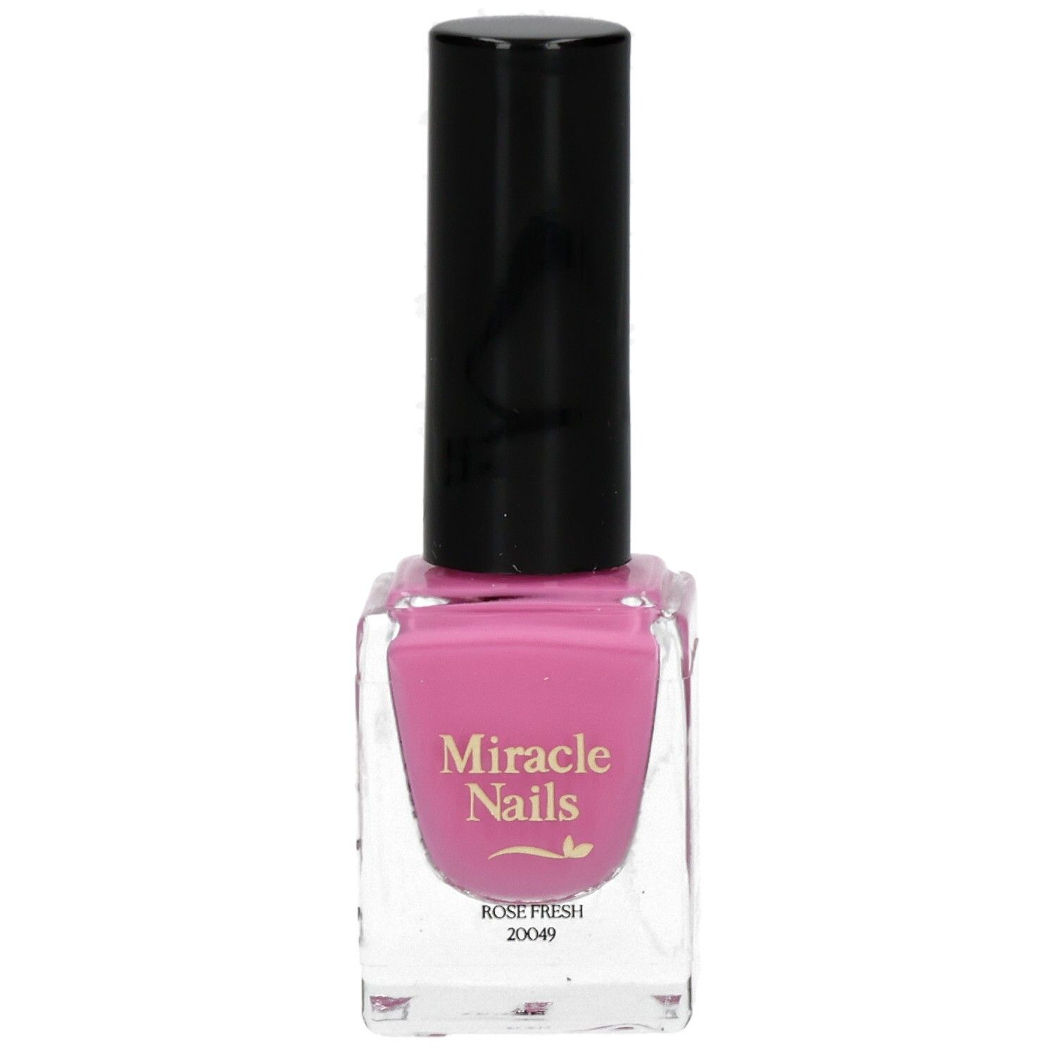 Nagellackflasche mit rosa Inhalt und schwarzem Deckel. Aufschrift: Miracle Nails, Rose Fresh, 20049.