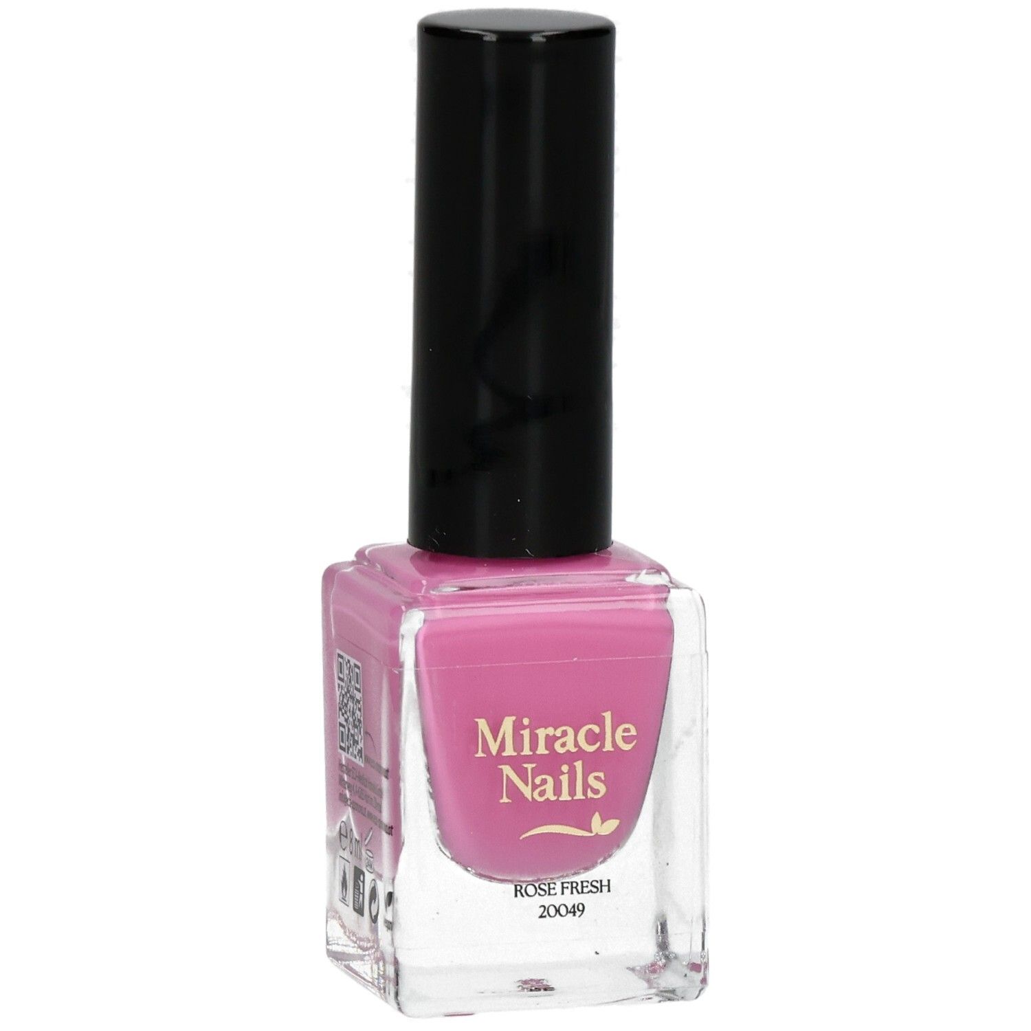 Nagellackflasche mit rosa Inhalt und schwarzem Deckel. Aufschrift: Miracle Nails, Rose Fresh, 20049.