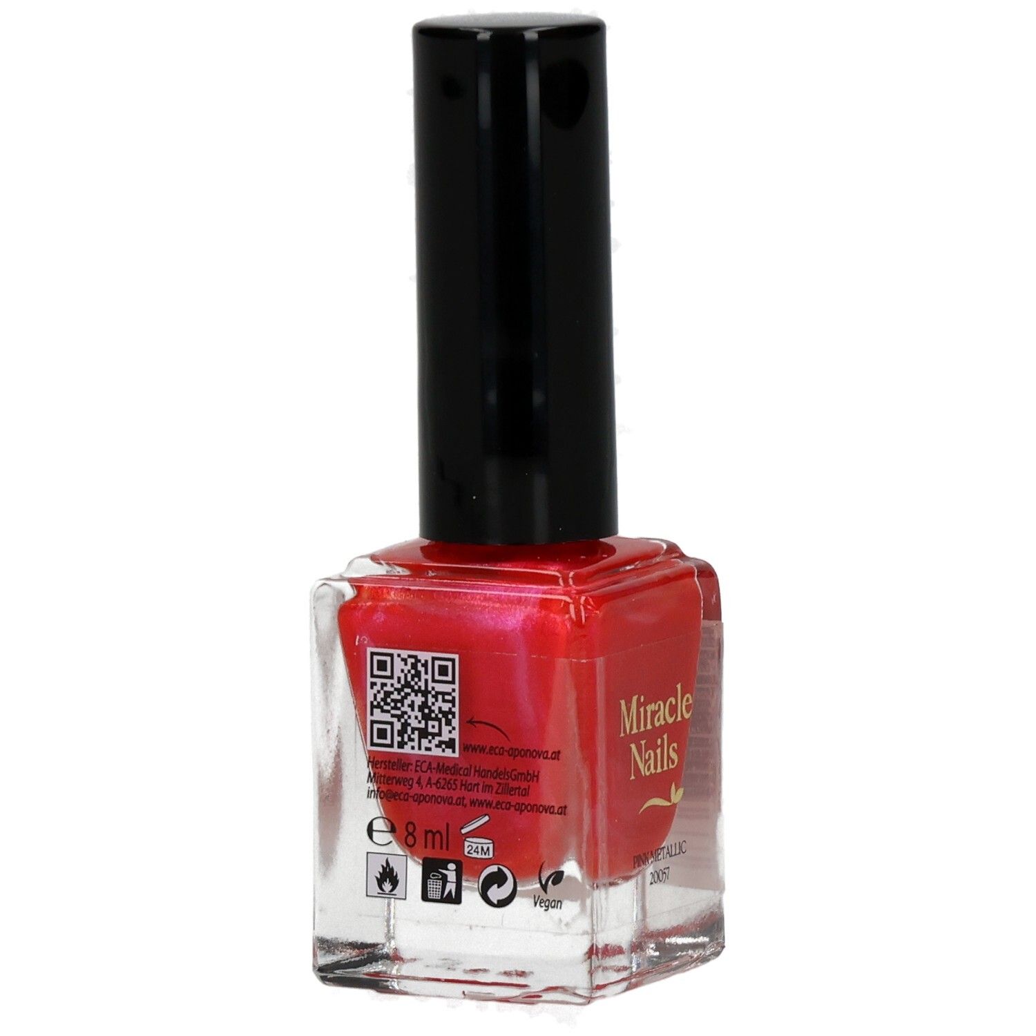 Nagellackflasche mit rotem Inhalt und schwarzem Deckel. Aufschrift: Miracle Nails, Pink Metallic. QR-Code.