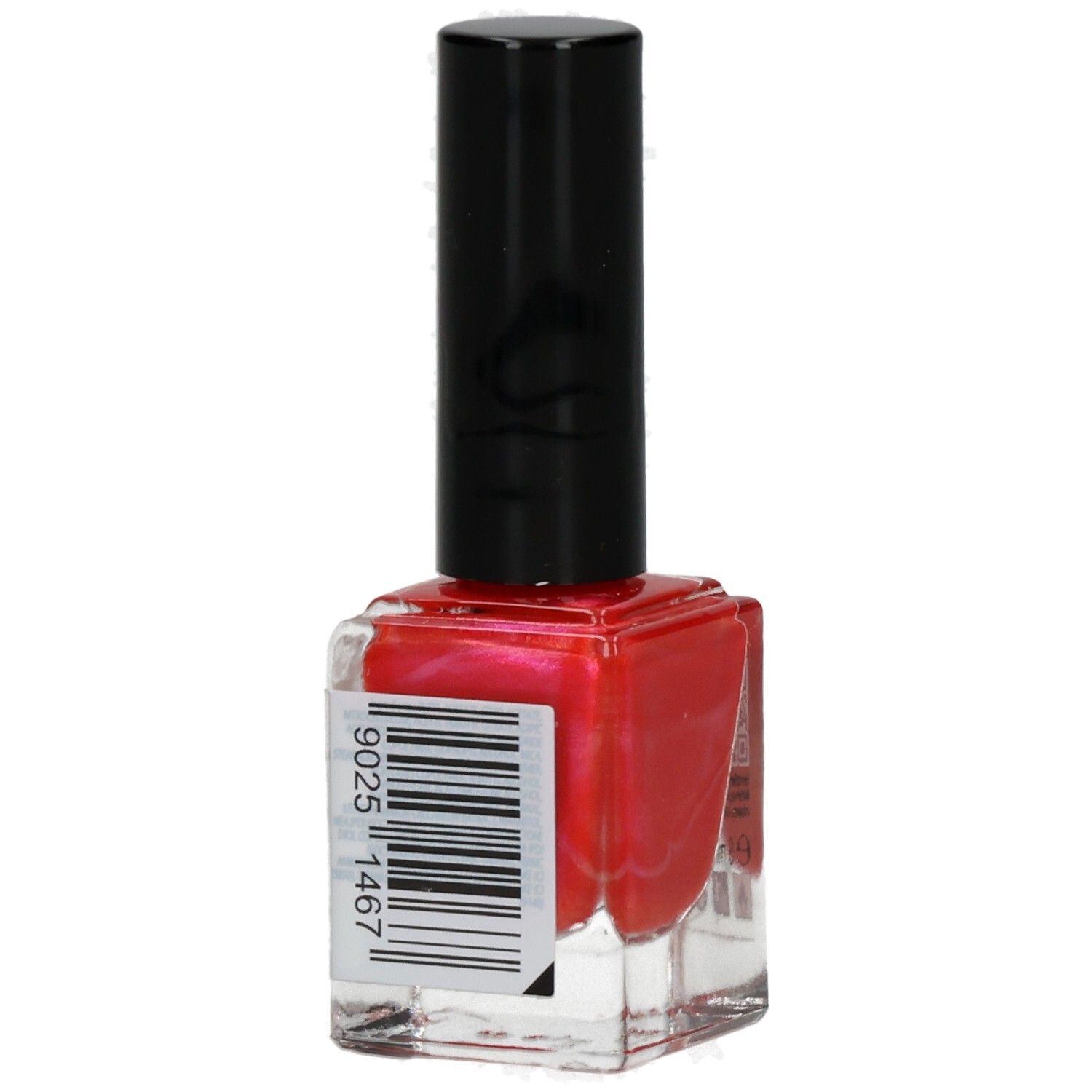 Nagellackflasche mit rotem Inhalt und schwarzem Deckel. Barcode auf der Flasche.